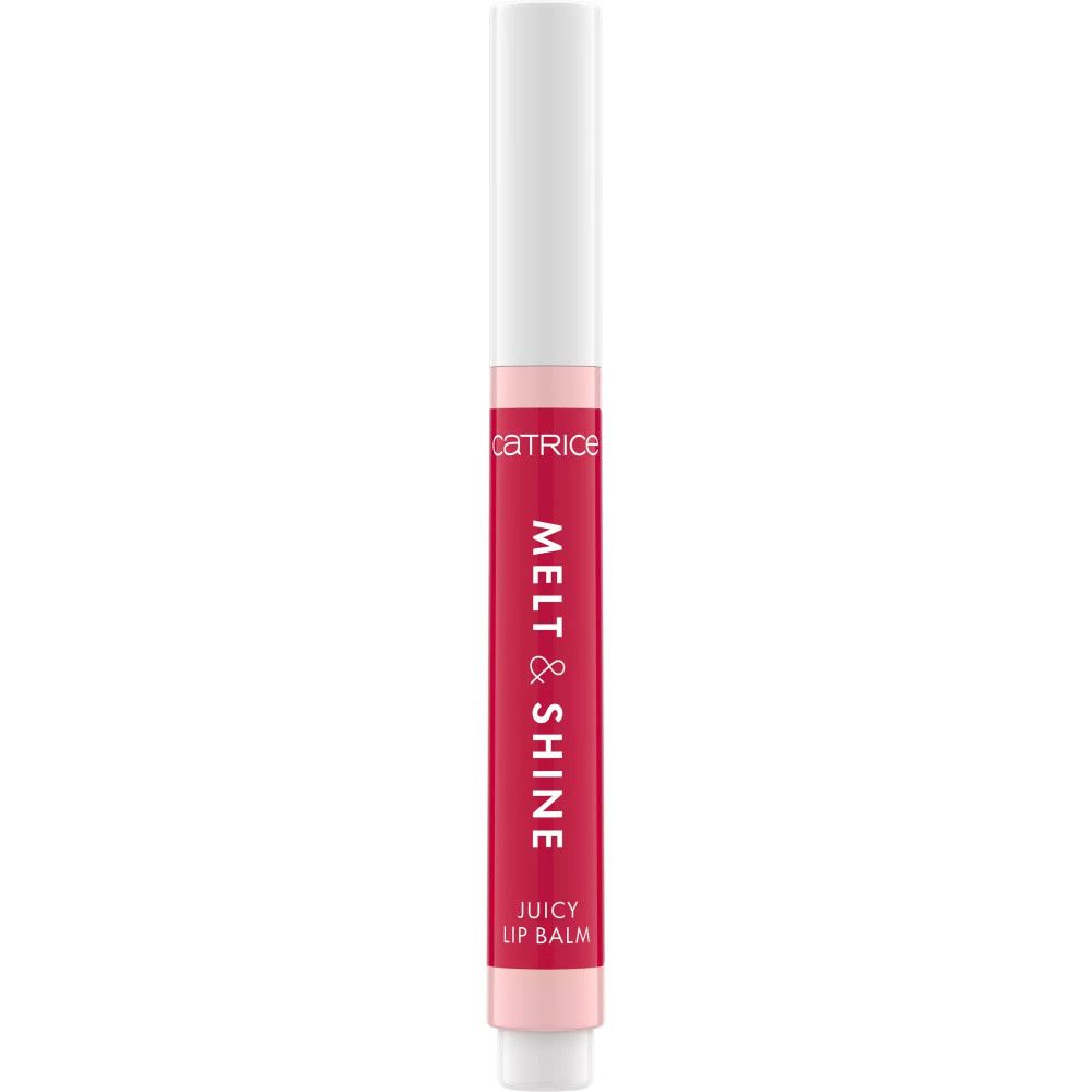 Lippenbalsam in Stiftform. Weißer Deckel, pinkfarbene Hülse mit Schriftzug MELT & SHINE, darunter JUICY LIP BALM. Marke Catrice.