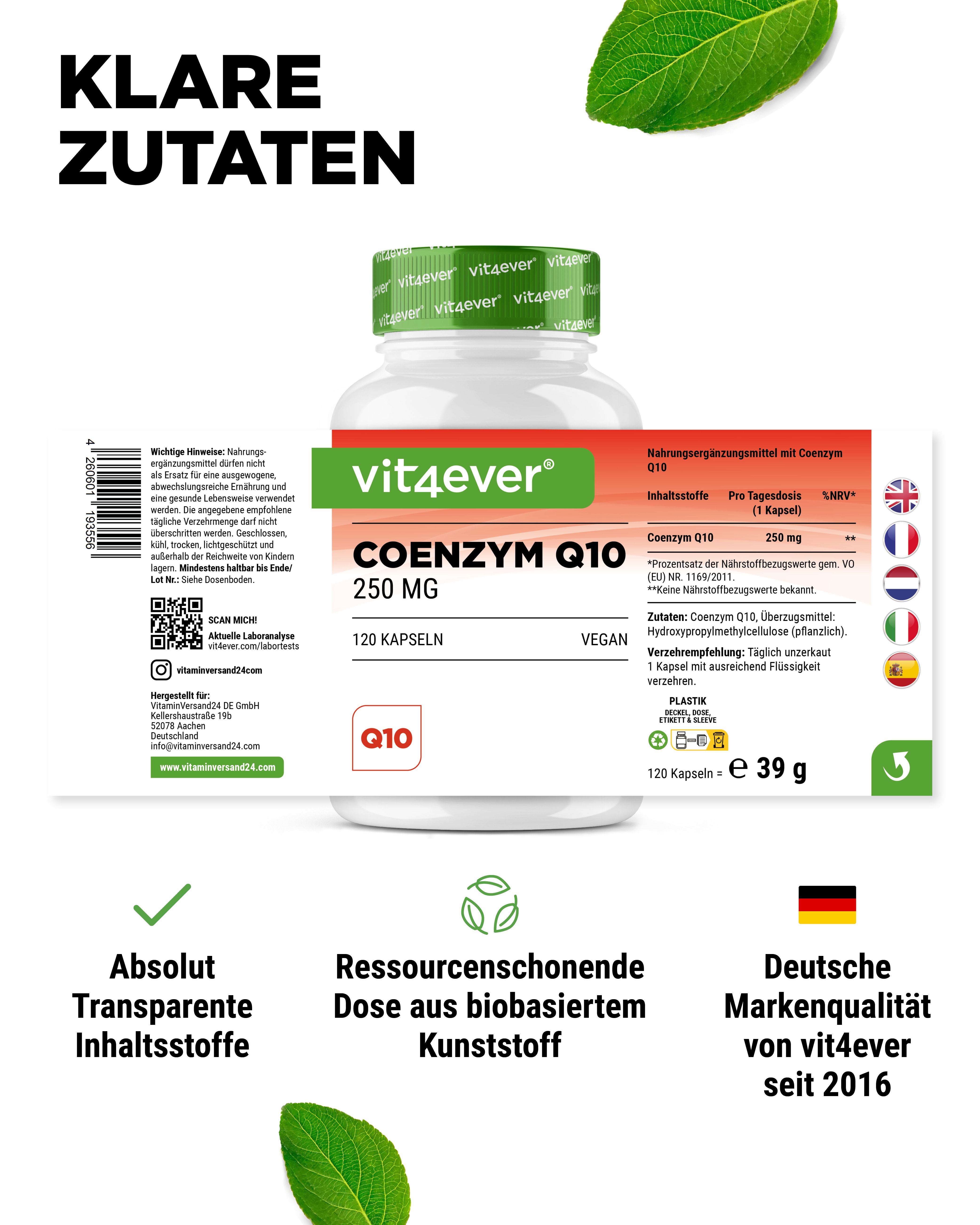 Rückseite der Flasche mit "vit4ever", "Coenzym Q10 250 MG" und "120 Kapseln". Informationen und Siegel.