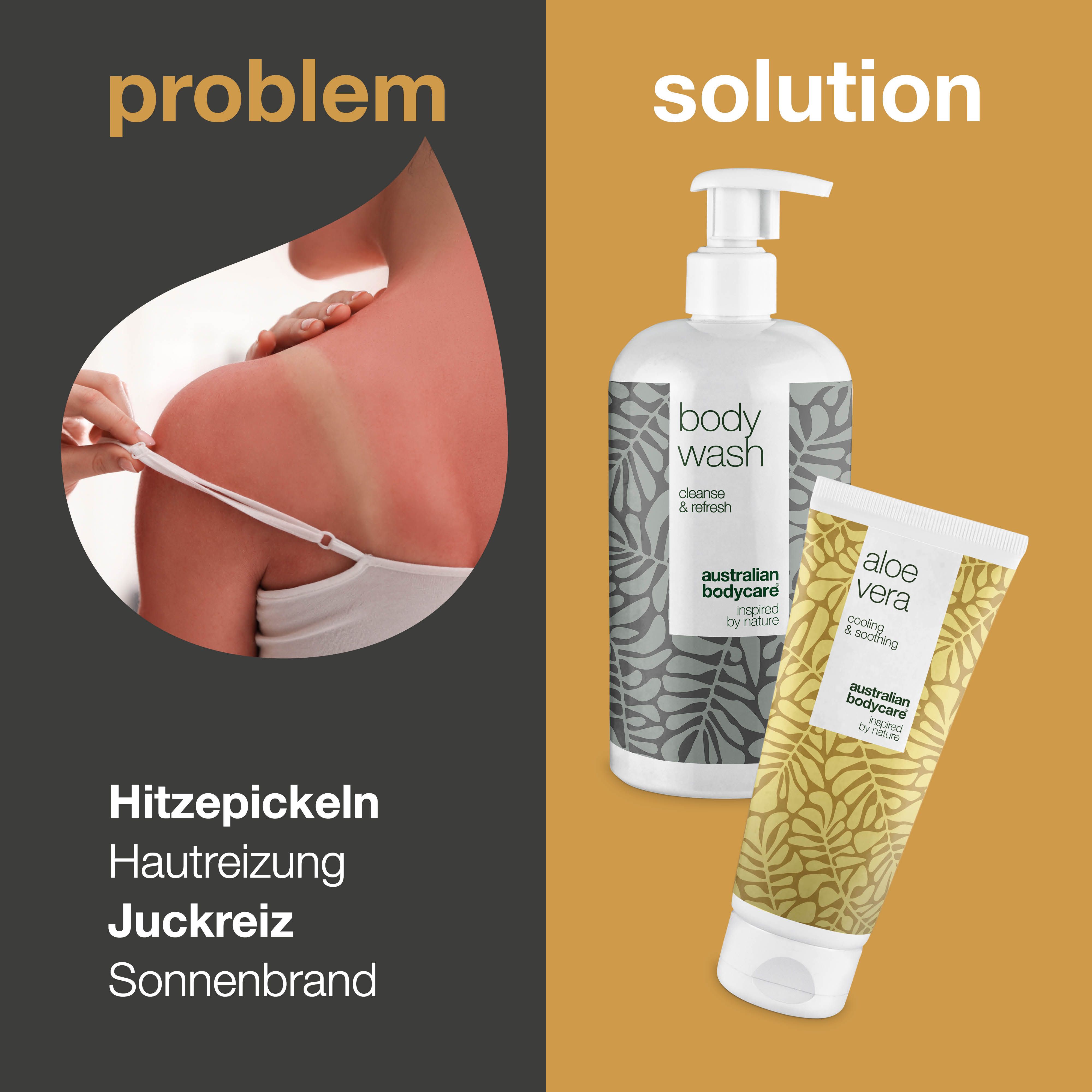 Vergleich: Problem und Lösung. Person mit Sonnenbrand. Body Wash und Aloe Vera Gel. Gelbes Hintergrund.