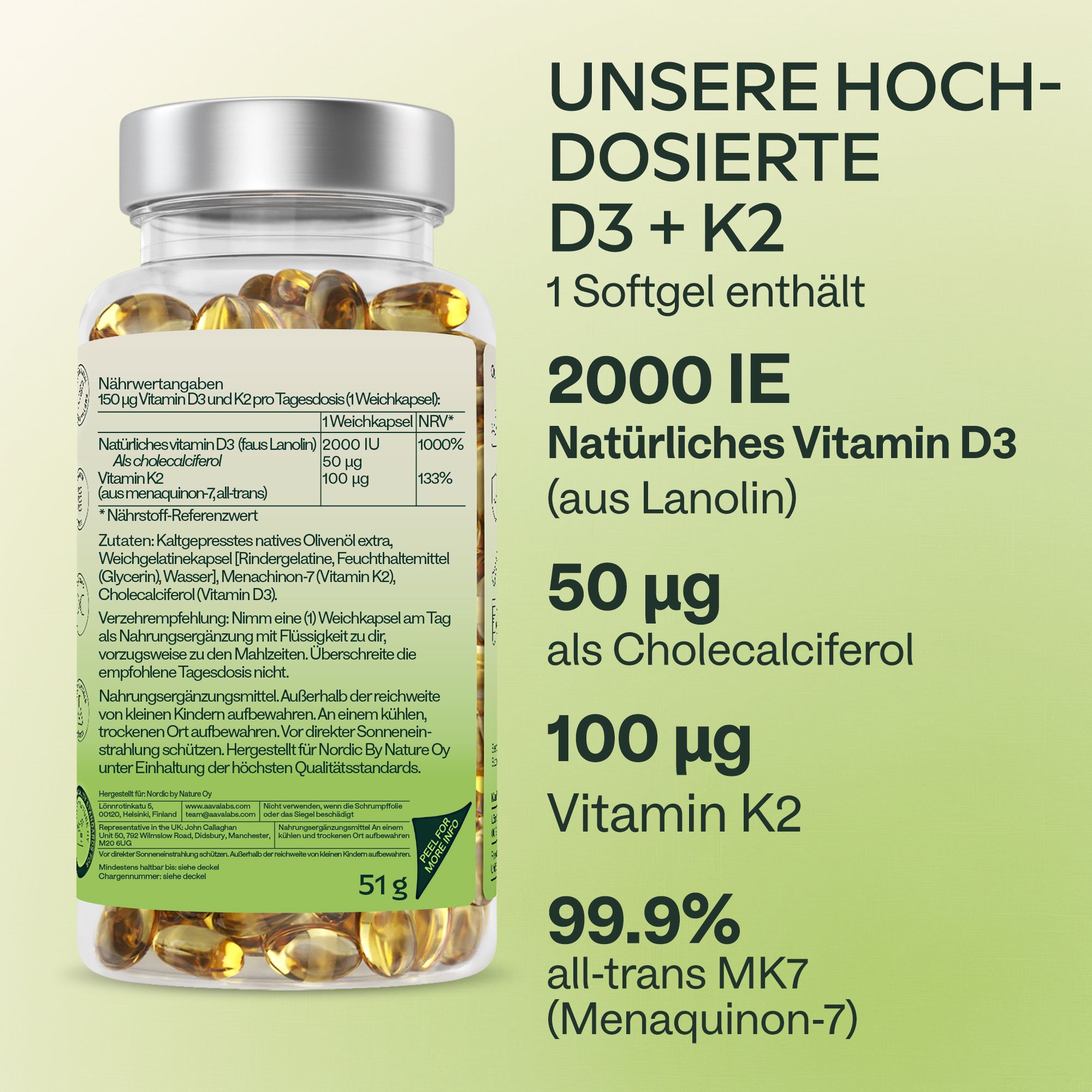 Rückseite des Kapselglases. Informationen zu Nährwerten, Inhaltsstoffen und Anwendung. 51g.