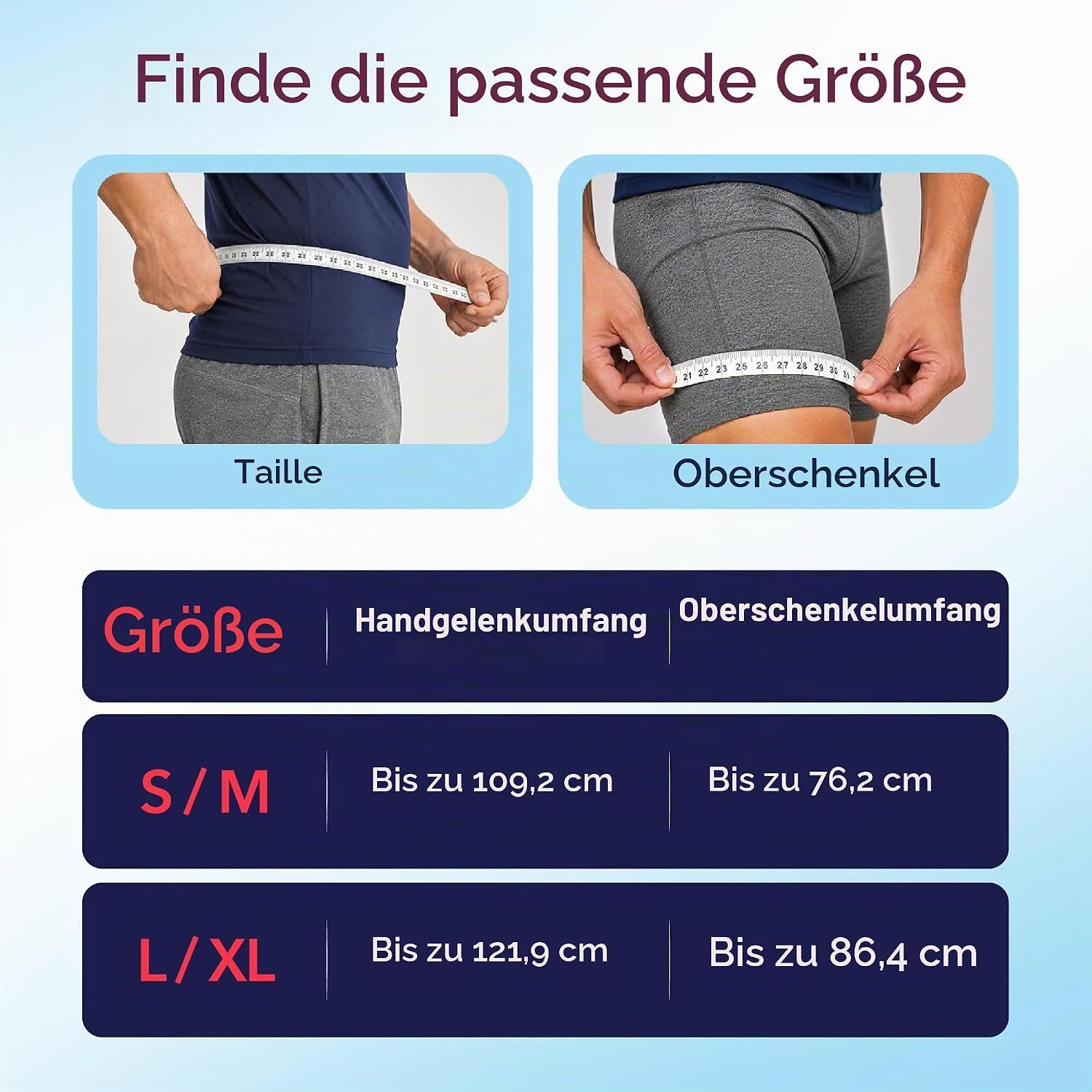 Anleitung zur Größenfindung für Kompressionsbekleidung: Messung von Taille und Oberschenkel.