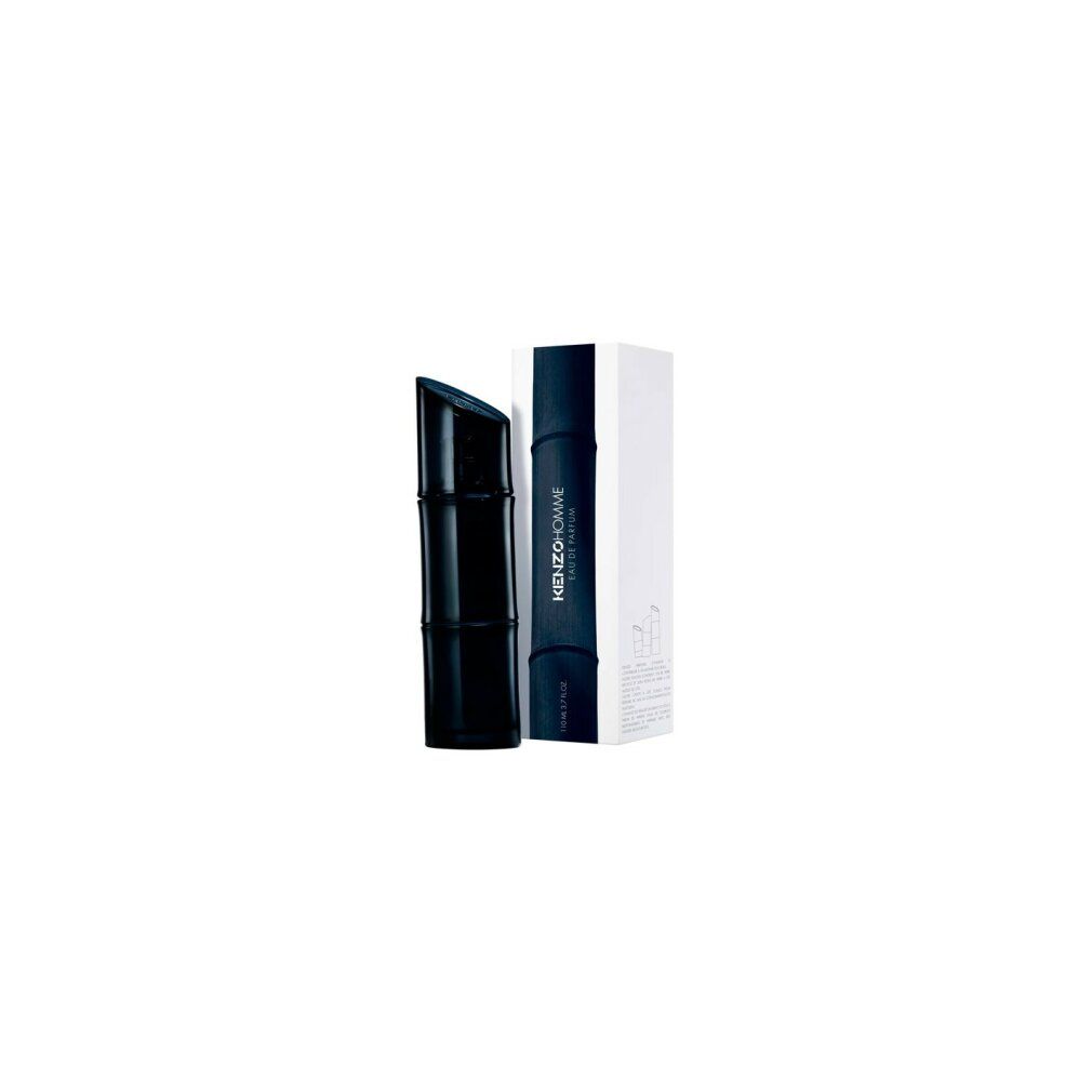 Dunkelblaue Flasche und Verpackung. Auf der Verpackung steht KENZO HOMME Eau de Parfum.