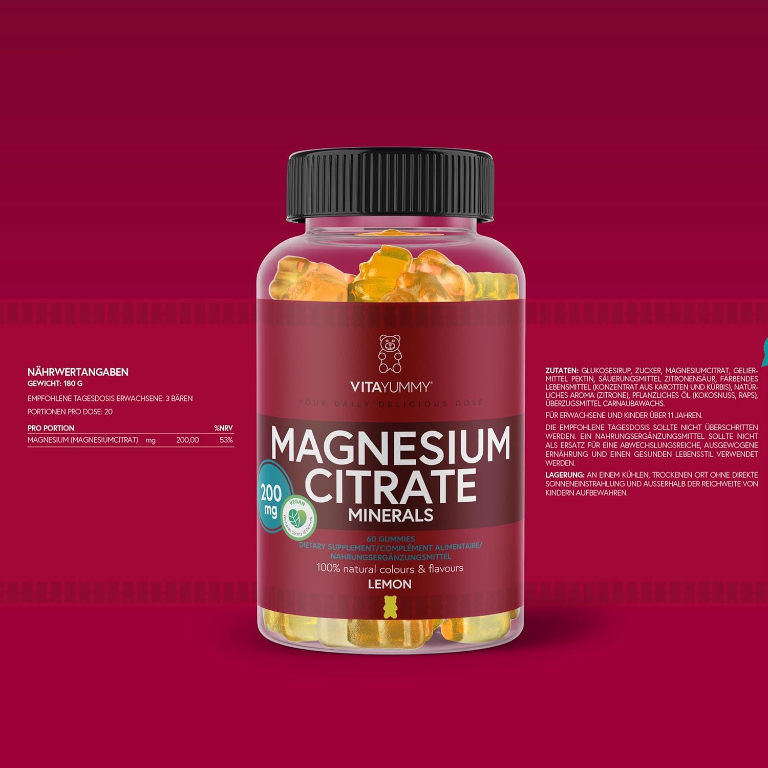 Flasche mit Magnesium Citrat Minerals. Nährwertangaben und Zutatenliste. Aufschrift: Lemon.