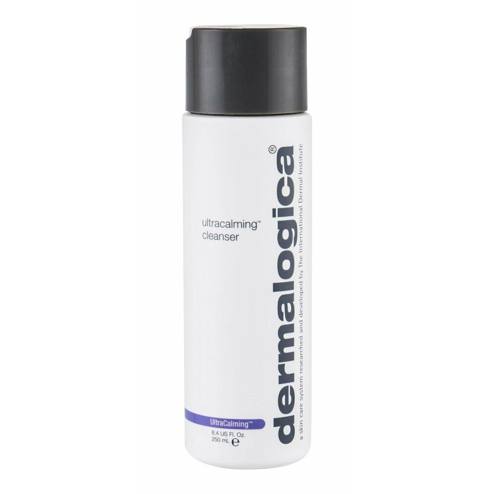 Weiße Flasche mit schwarzem Deckel. Aufschrift: UltraCalming Cleanser und Dermalogica. Lila Akzent. 8.4 US FL OZ / 250 ml.