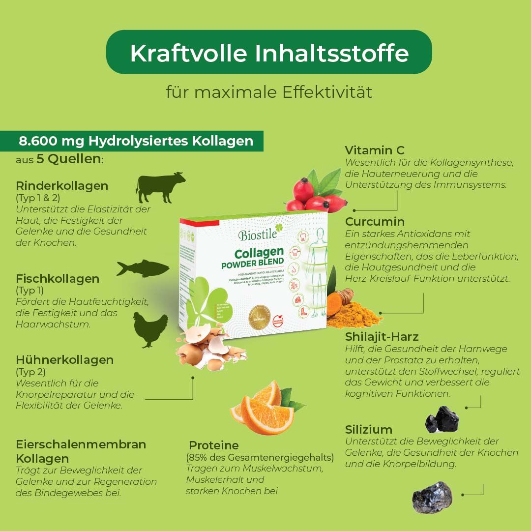 Biostile Collagen Powder Blend Packung mit Zutaten wie Kollagen, Vitamin C und Kurkuma.