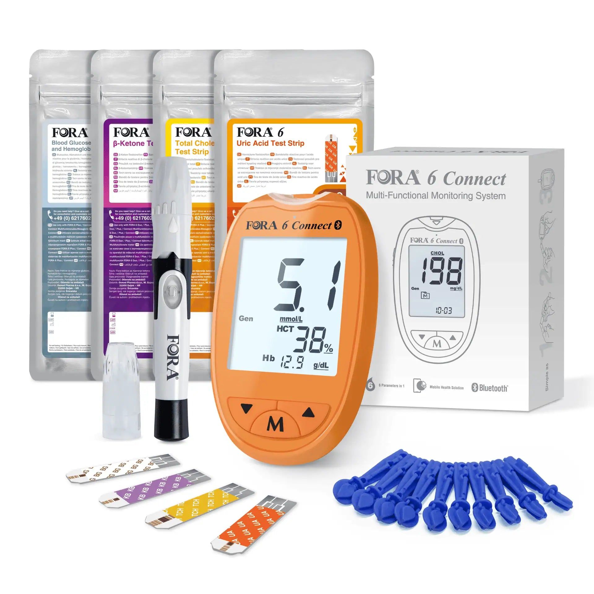 FORA 6 Connect Starter-Kit: Messgerät, Teststreifen, Lanzetten und Stechhilfe in Orange.