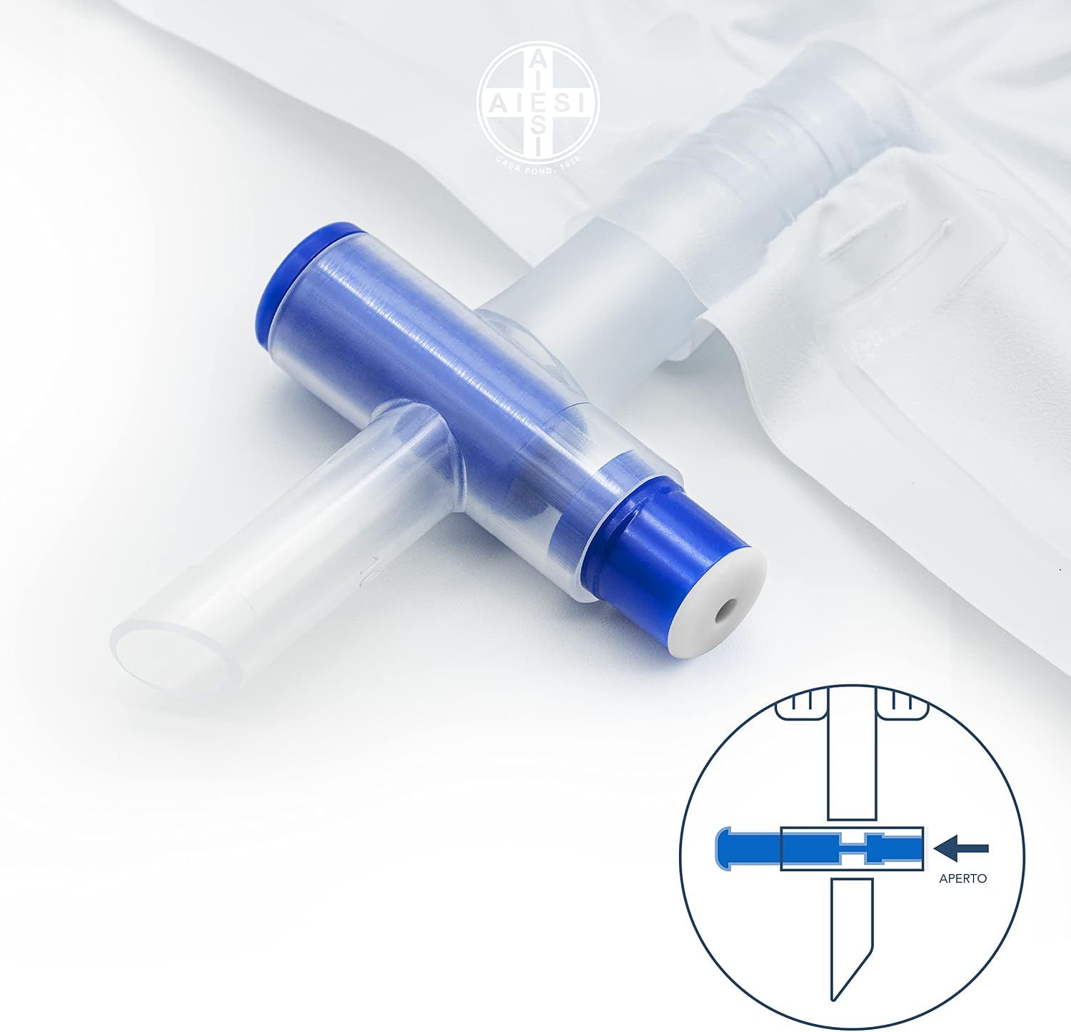 Hospibag T-Ventil für Urinbeutel, blau und transparent.