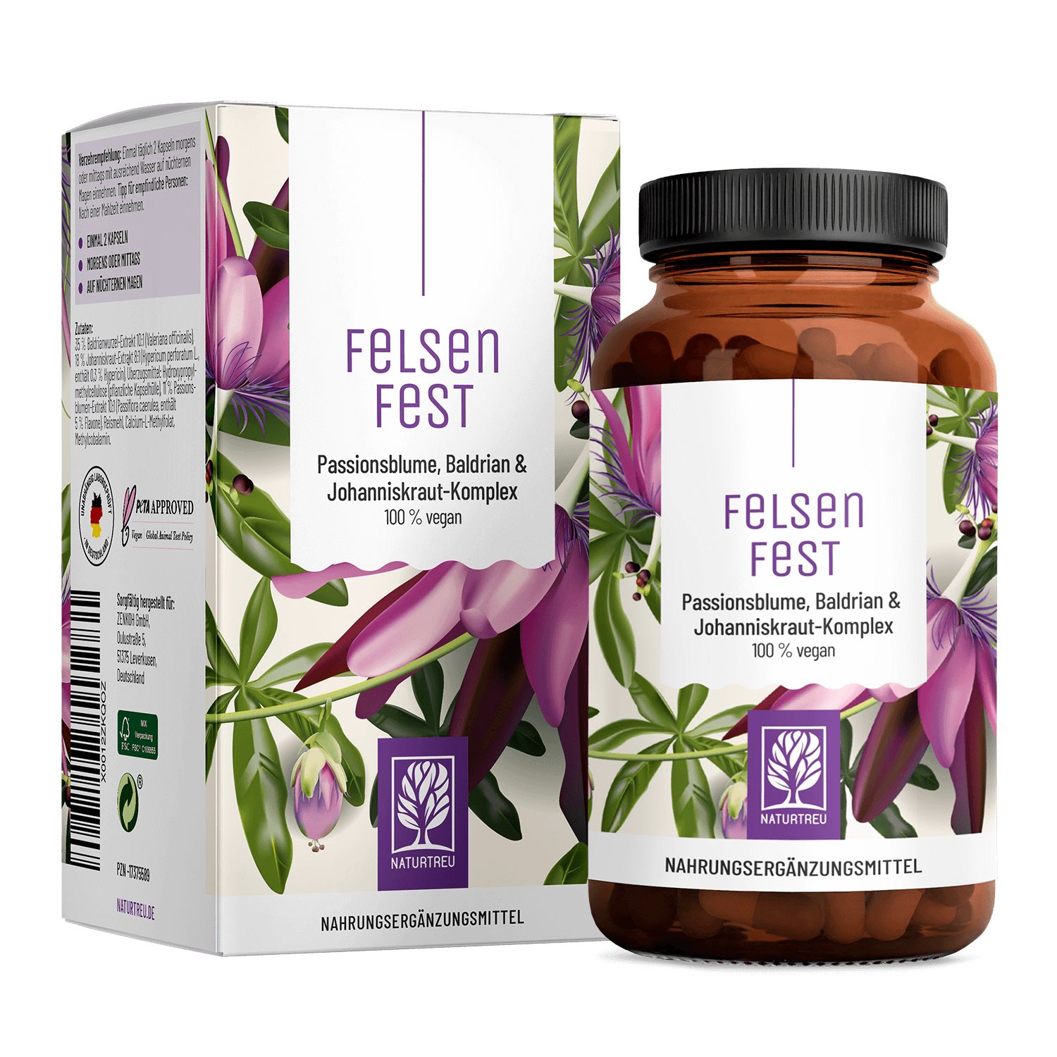Braune Glasflasche und Karton mit Produktetikett. Enthält Passionsblume, Baldrian & Johanniskraut-Komplex. Vegan.