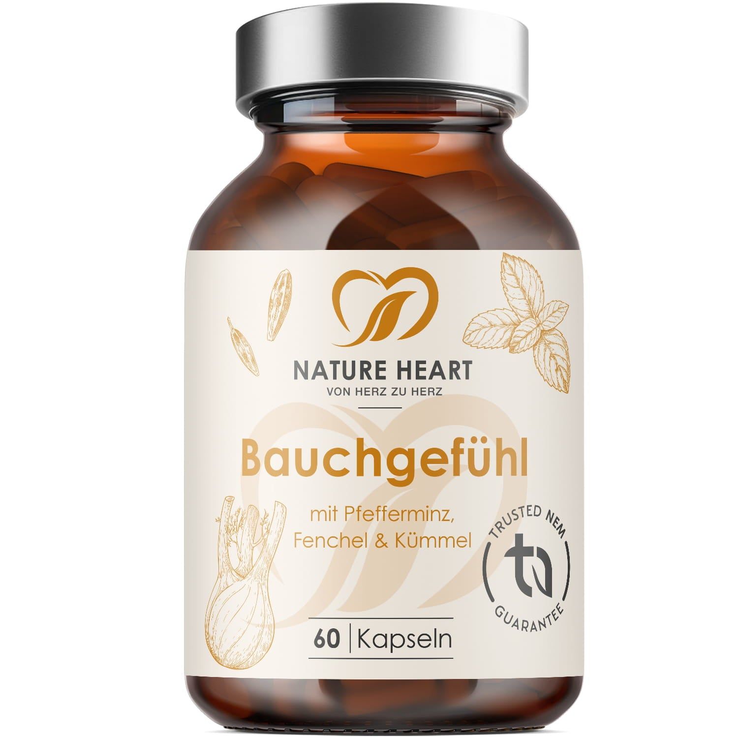 Braune Glasflasche mit silbernem Deckel. Etikett mit Logo, Produktname Bauchgefühl, Zutaten und 60 Kapseln. Trusted NEM-Siegel.