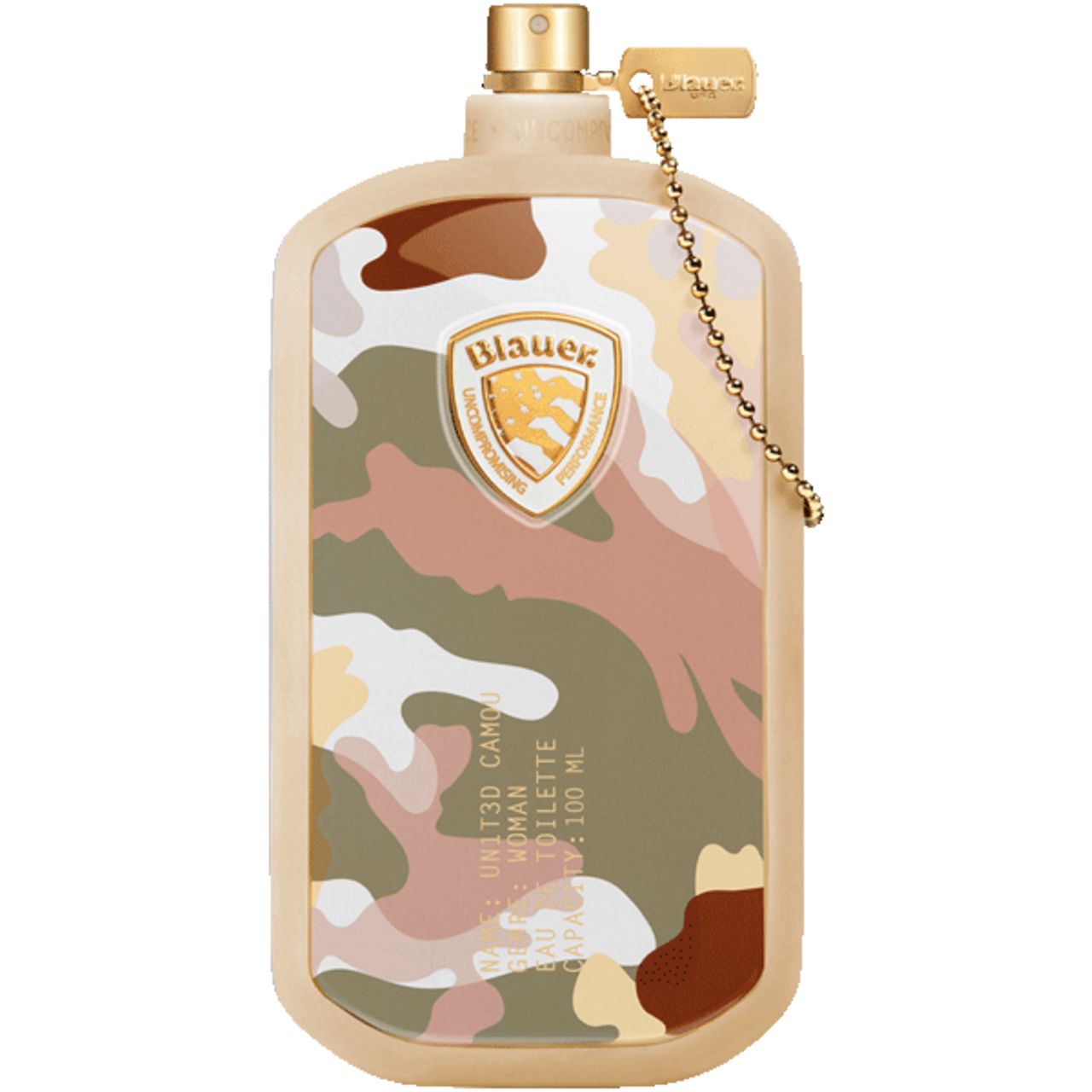 Parfümflakon mit Camouflage-Muster und Markenlogo. Nahaufnahme.