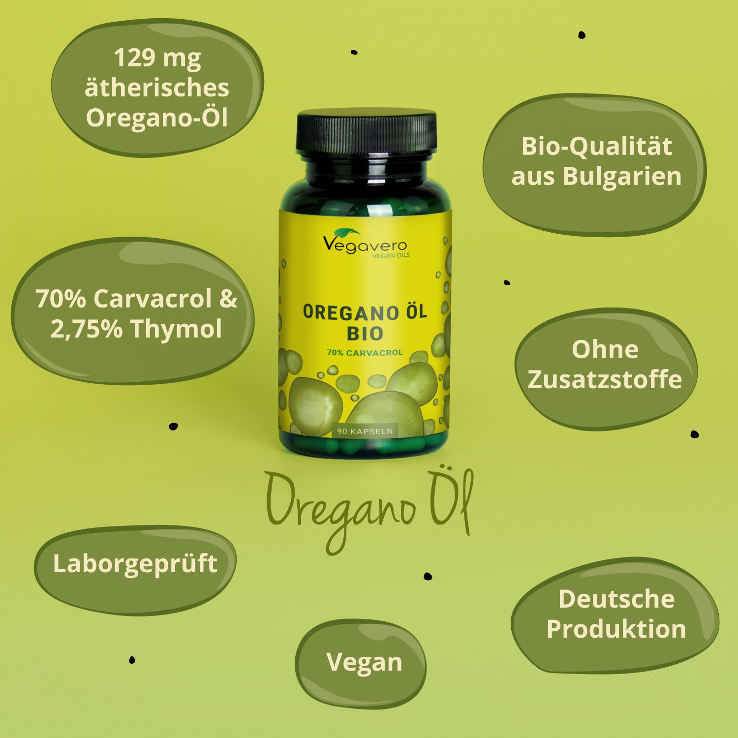 Grüne Flasche Oregano Öl BIO mit Text. Zusätzliche Informationen in Sprechblasen. Vegan, Laborgeprüft, Deutsche Produktion.