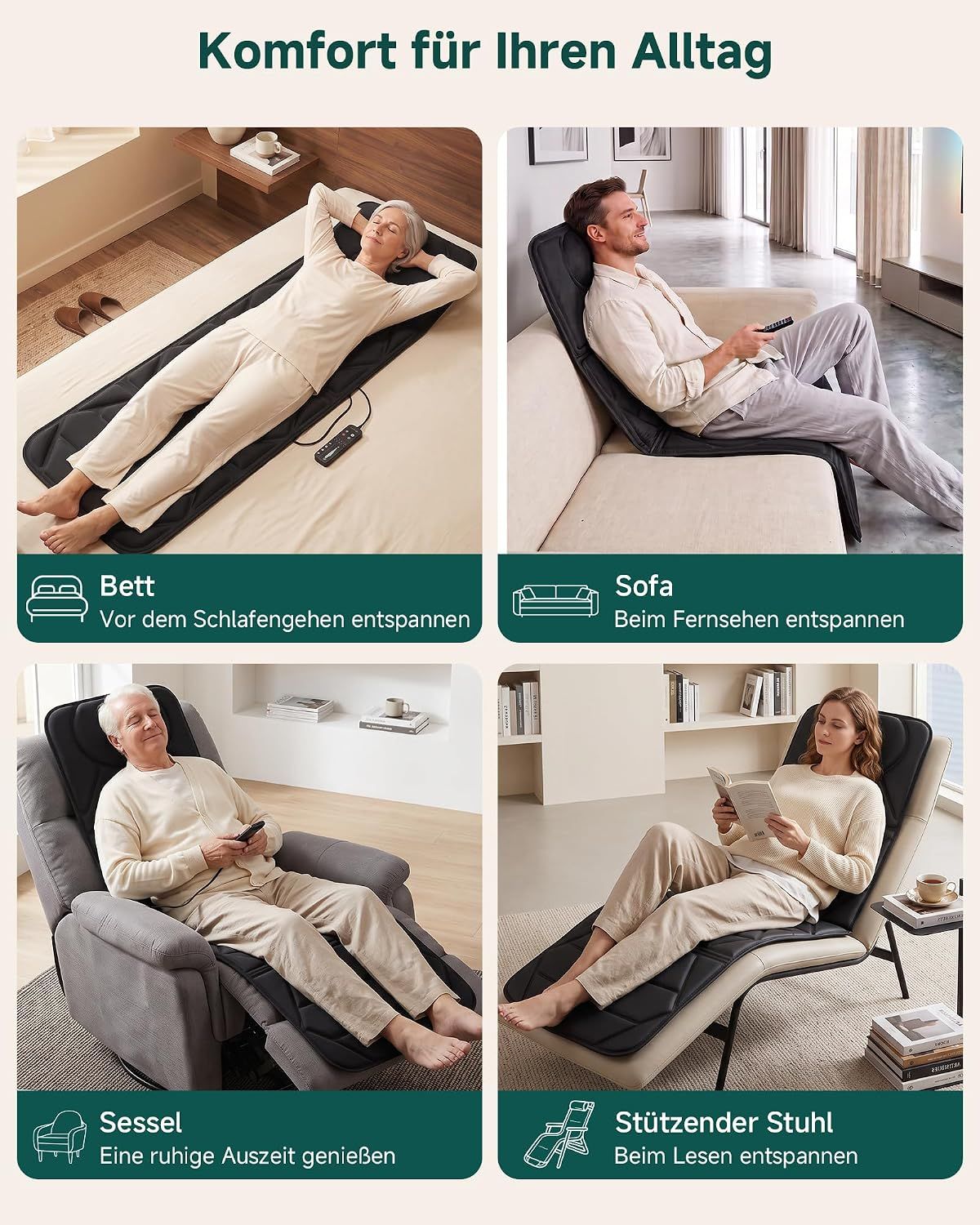 Vier Szenen zeigen die Nutzung einer Massagematte im Bett, auf dem Sofa, im Sessel und Stuhl.