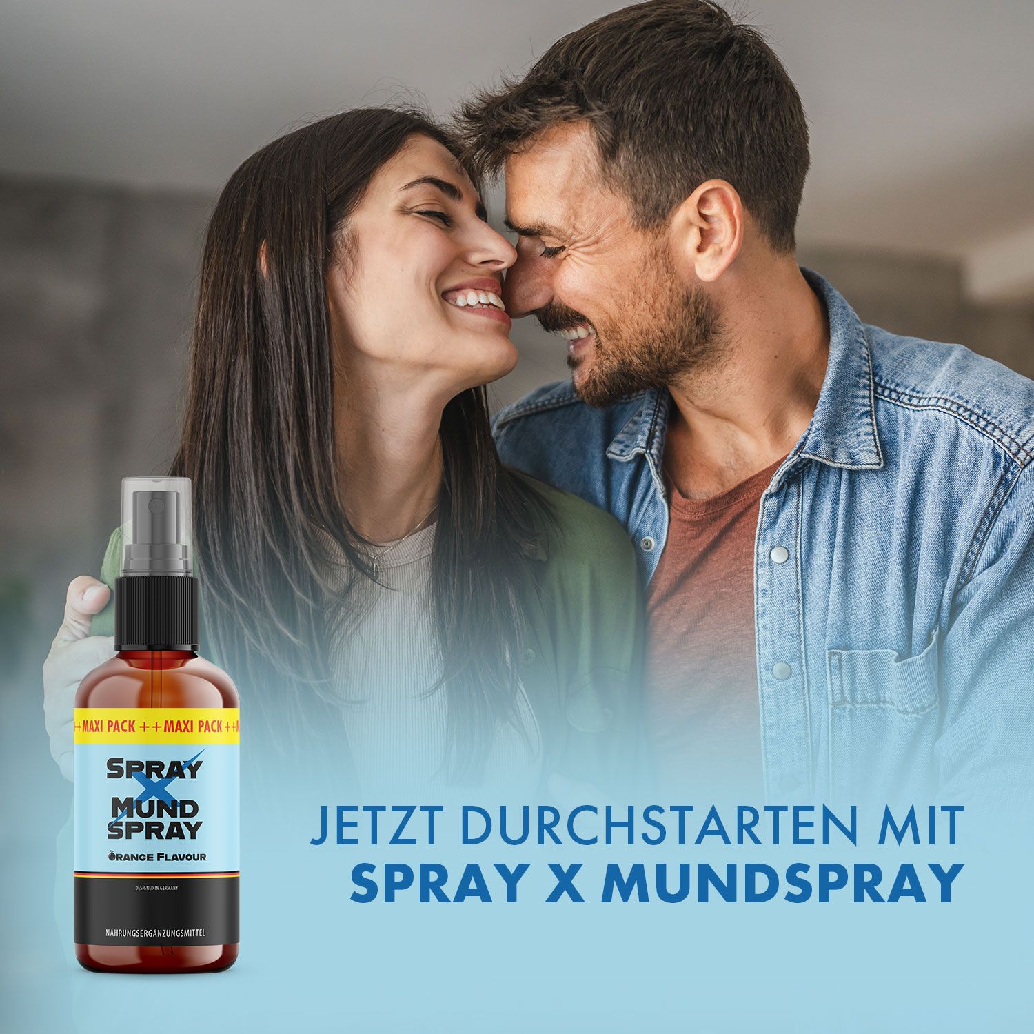 Braune Sprühflasche. Aufschrift: SPRAY X MUND SPRAY, Orange Flavour. Zwei Personen lächeln. Text: JETZT DURCHSTARTEN MIT SPRAY X.