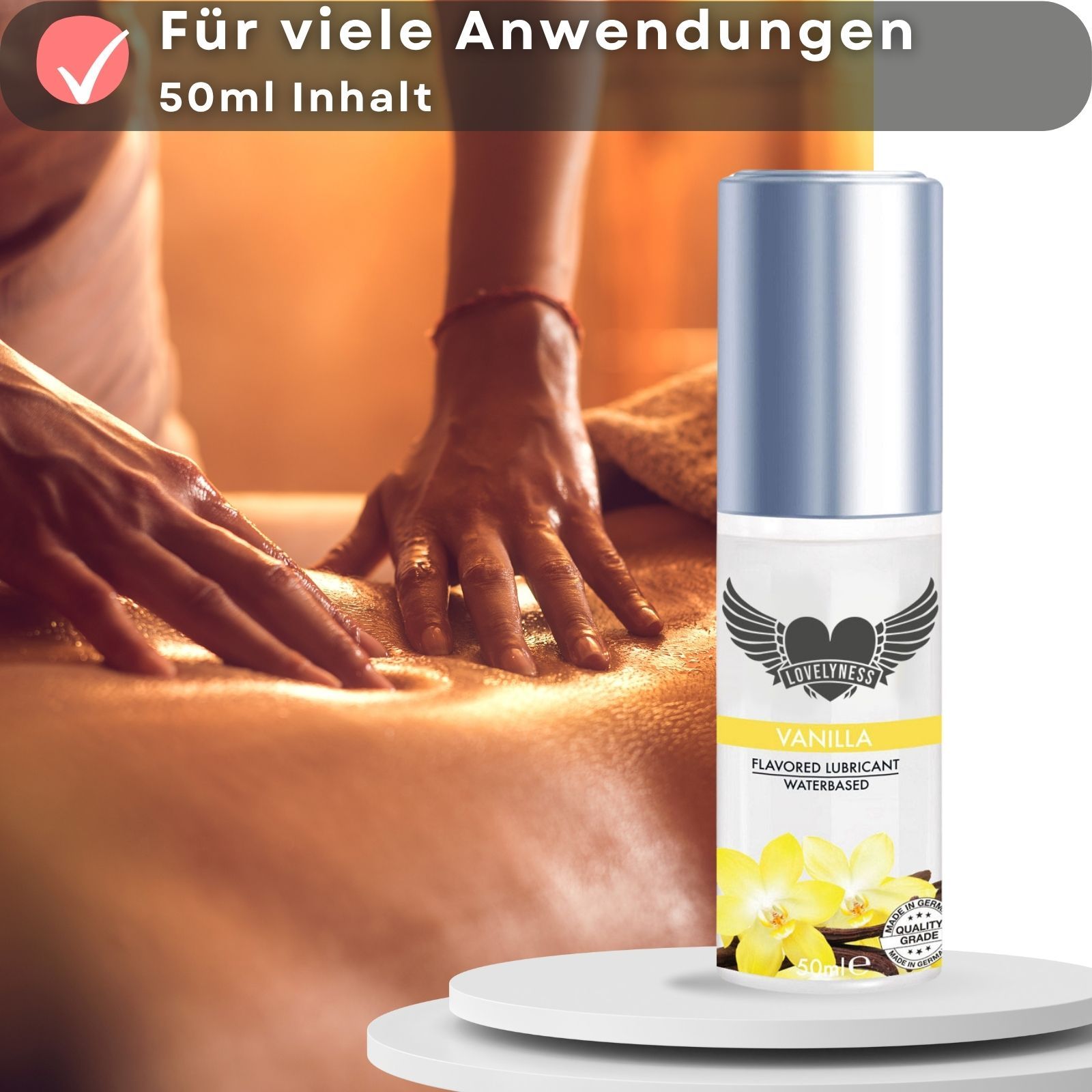 Gleitgel für viele Anwendungen. 50ml Inhalt. Flasche mit silbernem Deckel. Massage-Szene im Hintergrund.