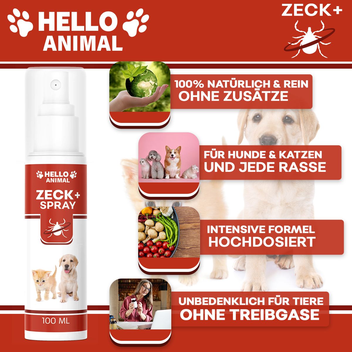 Produktabbildung mit weißer Sprühflasche. Rotes Etikett mit Aufschrift: Hello Animal, Zeck+ Spray, 100 ml. Hunde, Katzen, Natur.