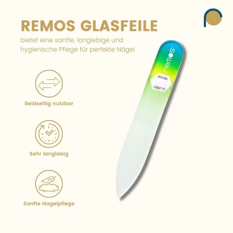 Glasnagelfeile, beidseitig nutzbar. Sanfte Nagelpflege. Sehr langlebig. Marke: remos.