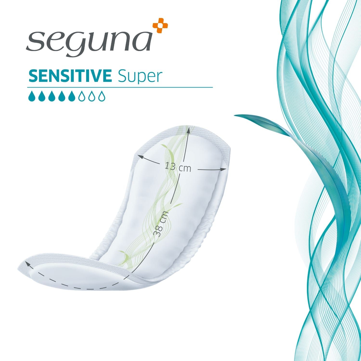 SEGUNA SENSITIVE Super. Produkt mit Maßen: 38 cm Länge, 13 cm Breite. Weiße Oberfläche, grüne Muster.