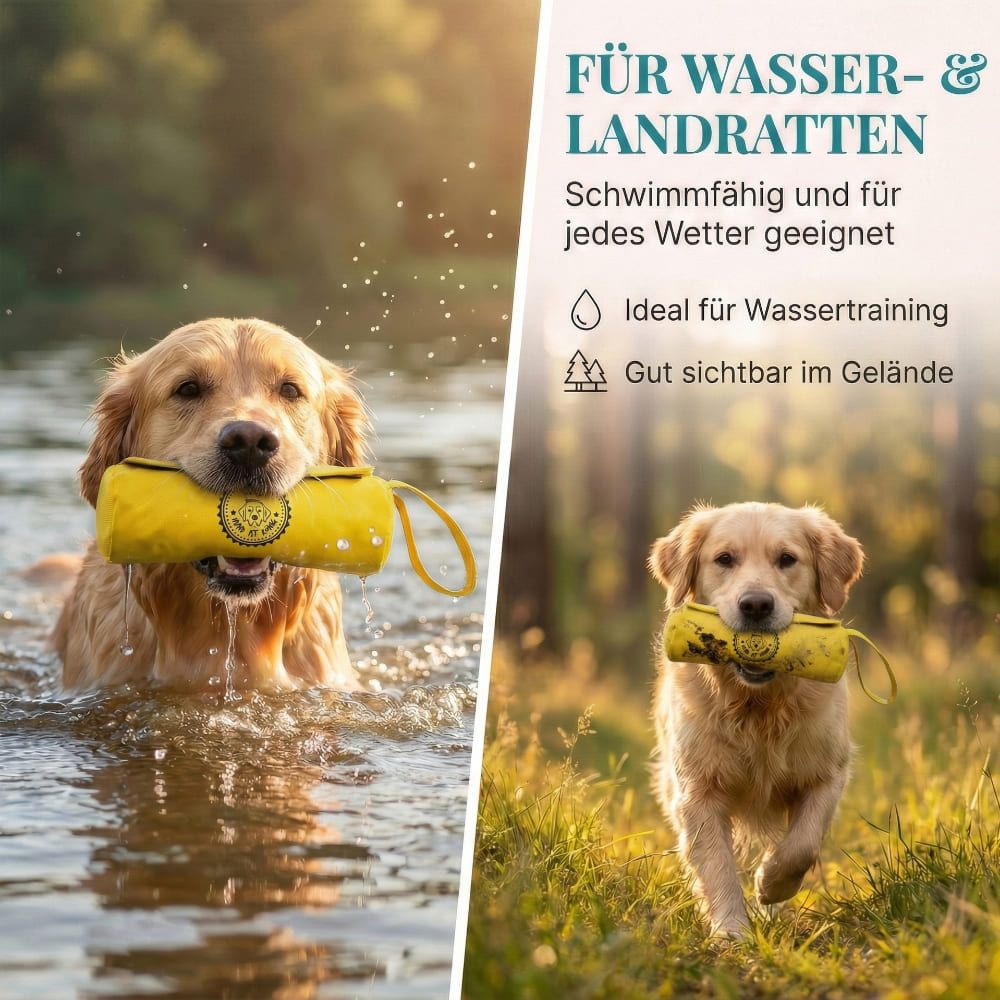 Zwei Hunde mit gelben Futterbeuteln im Wasser und an Land. Text: Für Wasser- & Landratten.