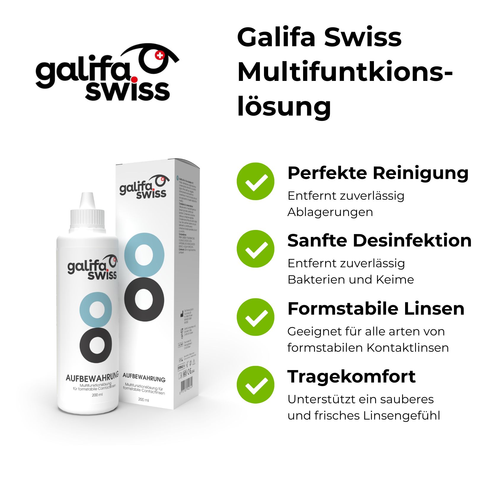 Flasche und Verpackung von Galifa Multifunktionslösung. Flasche mit blau-schwarzen Kreisen, Verpackung mit Logo und Produktinformationen.