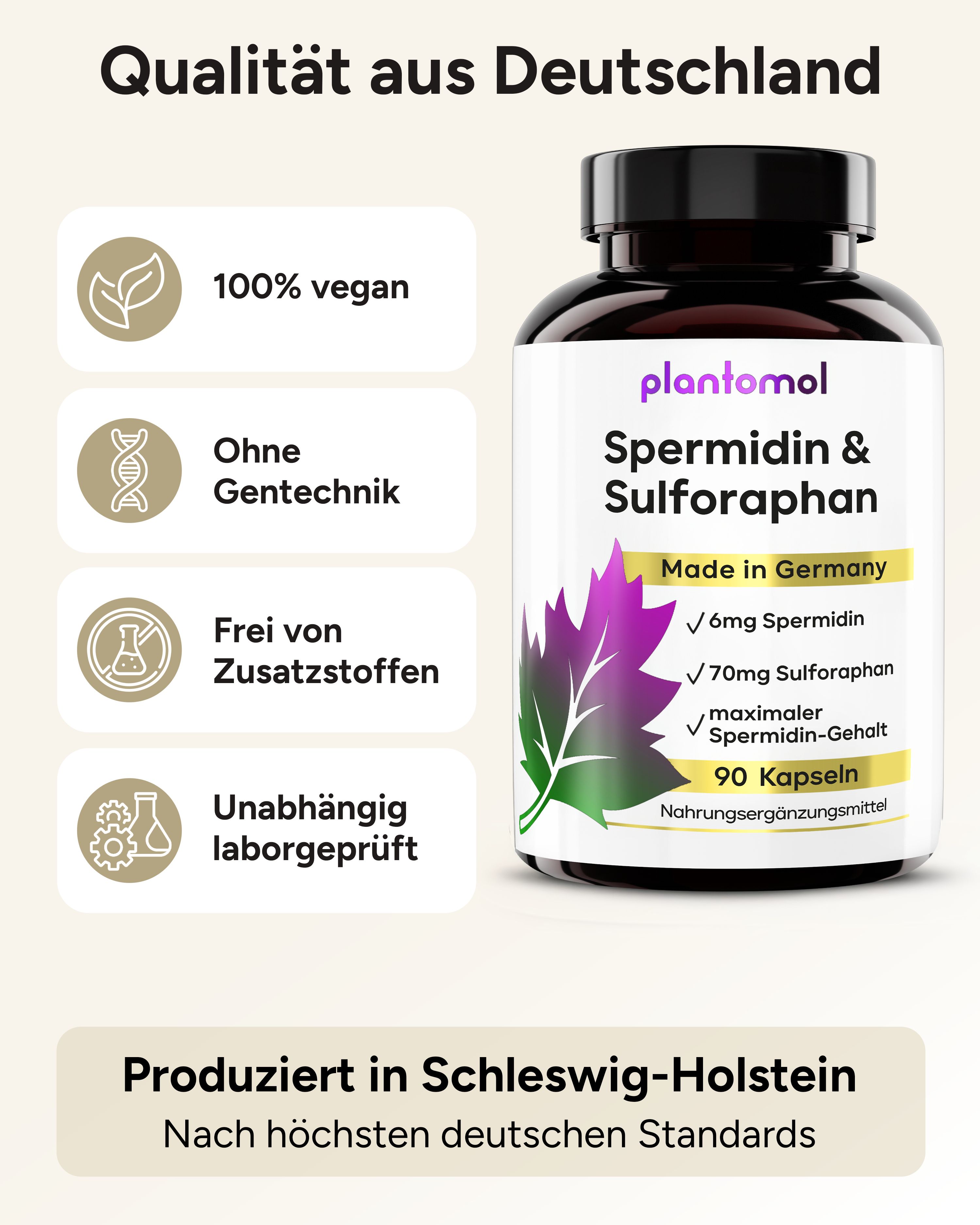 Flasche plantomol® Spermidin & Sulforaphan. 100% vegan, ohne Gentechnik, frei von Zusatzstoffen. Qualität aus Deutschland.