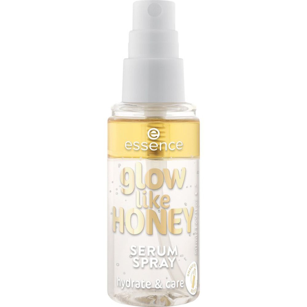 Essence Sérum Spray Glow Like Honey. Transparente Flasche mit weißem Sprühkopf. Goldener Ring mit Markenlogo.