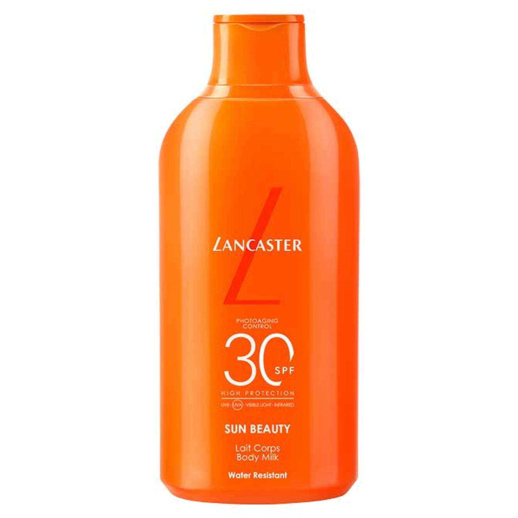 Lancaster Sun Beauty Samtige Sonnenmilch SPF30, orange Flasche mit weißem Aufdruck.