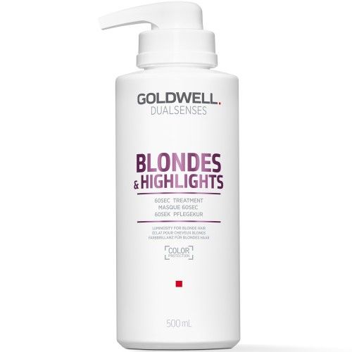 Weiße Flasche mit Pumpe. Aufschrift: GOLDWELL, BLONDES & HIGHLIGHTS, 60 Sekunden Treatment. Volumen: 500ml.