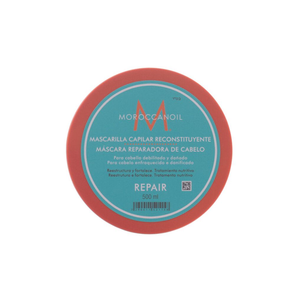 Runde Dose mit orangefarbenem Deckel und türkisfarbenem Etikett. Text: Moroccanoil, Haarmaske, Repair. 500 ml.