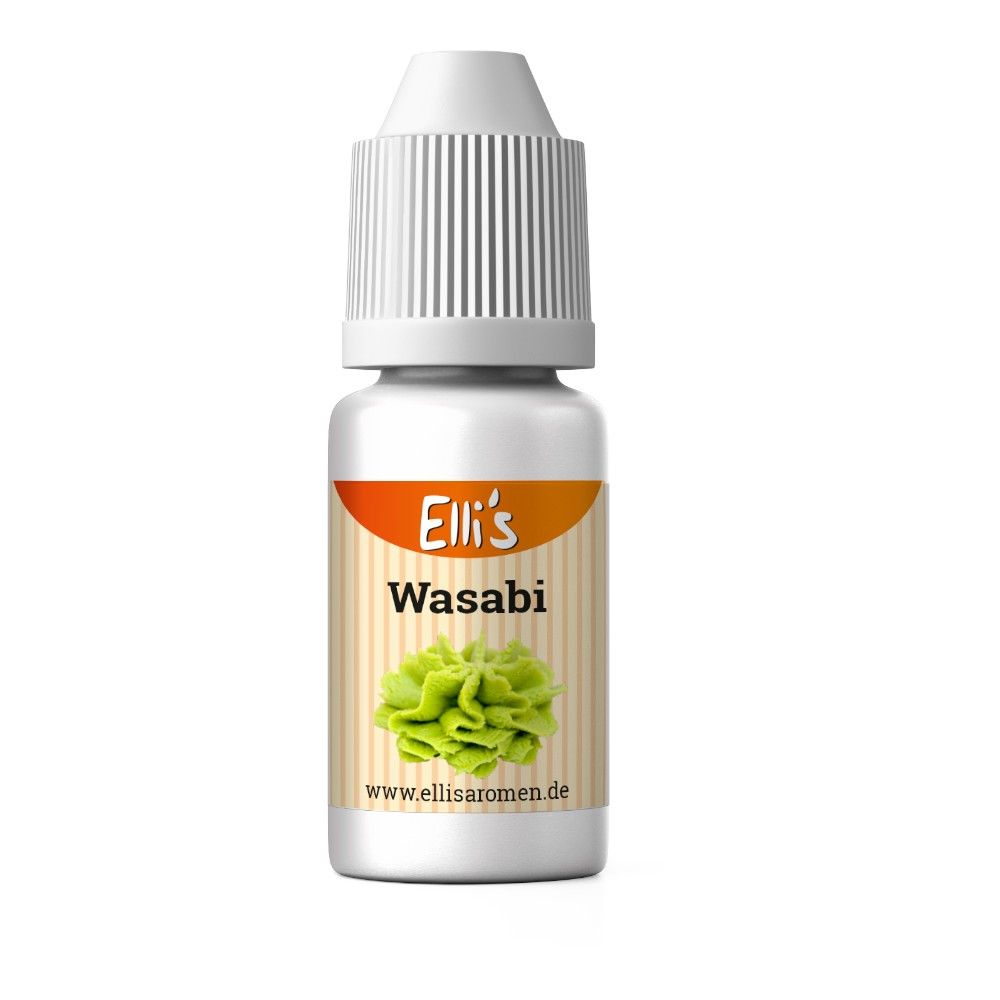 Weiße Flasche mit Schraubverschluss. Etikett mit "Elli's Wasabi" und Abbildung. Website-Adresse unten.