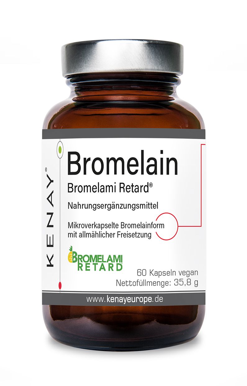 Braune Glasflasche mit weißem Etikett. Schriftzug: Bromelain Bromelami Retard®, Nahrungsergänzungsmittel. Marke KENAY®. 60 Kapseln, vegan.