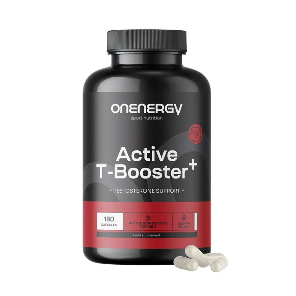 Schwarze Dose mit OnEnergy Active T-Booster Plus Kapseln, 180 Kapseln.