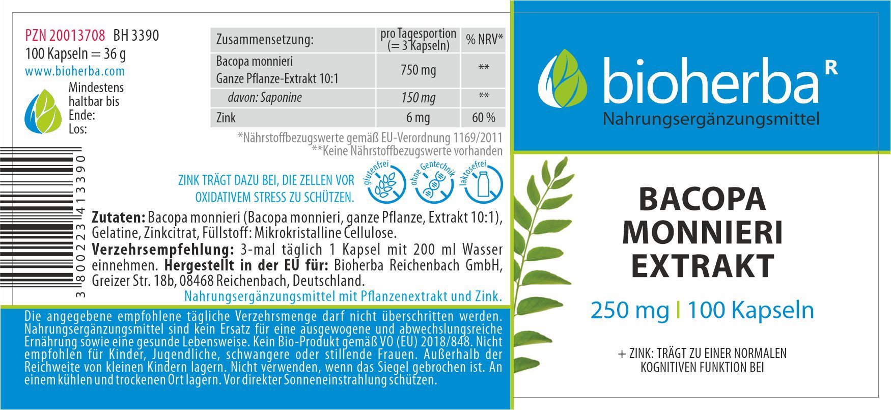 Etikett mit Produktinformationen und Logo. Enthält Angaben zu Inhaltsstoffen und Dosierung.