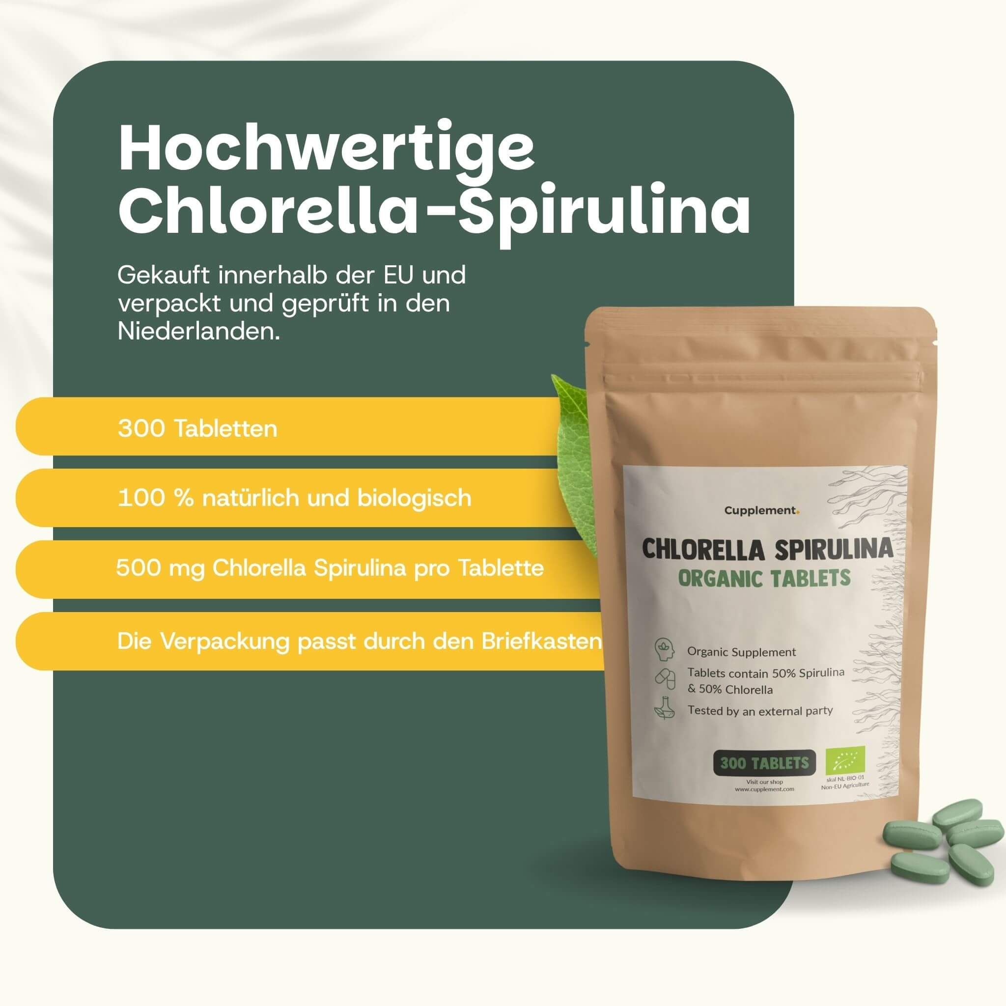 Beutel mit Tabletten. Text: Chlorella Spirulina Organic Tablets. 300 Tabletten. 100% natürlich & Bio. BIO-Siegel.