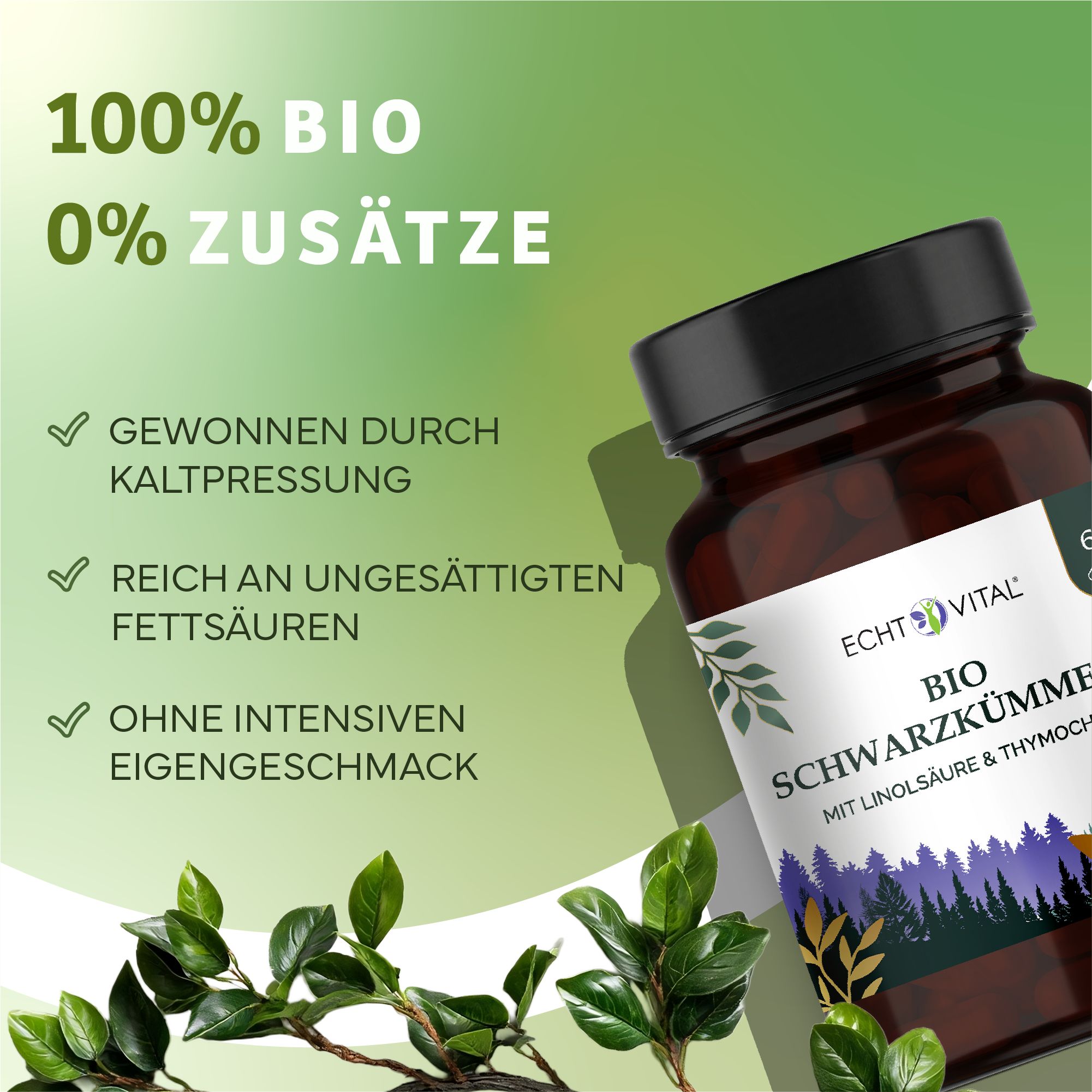 Braune Glasflasche mit schwarzem Deckel. Etikett mit Produktname und Logo. Text: 100% BIO, 0% ZUSÄTZE. Blätter im Vordergrund.