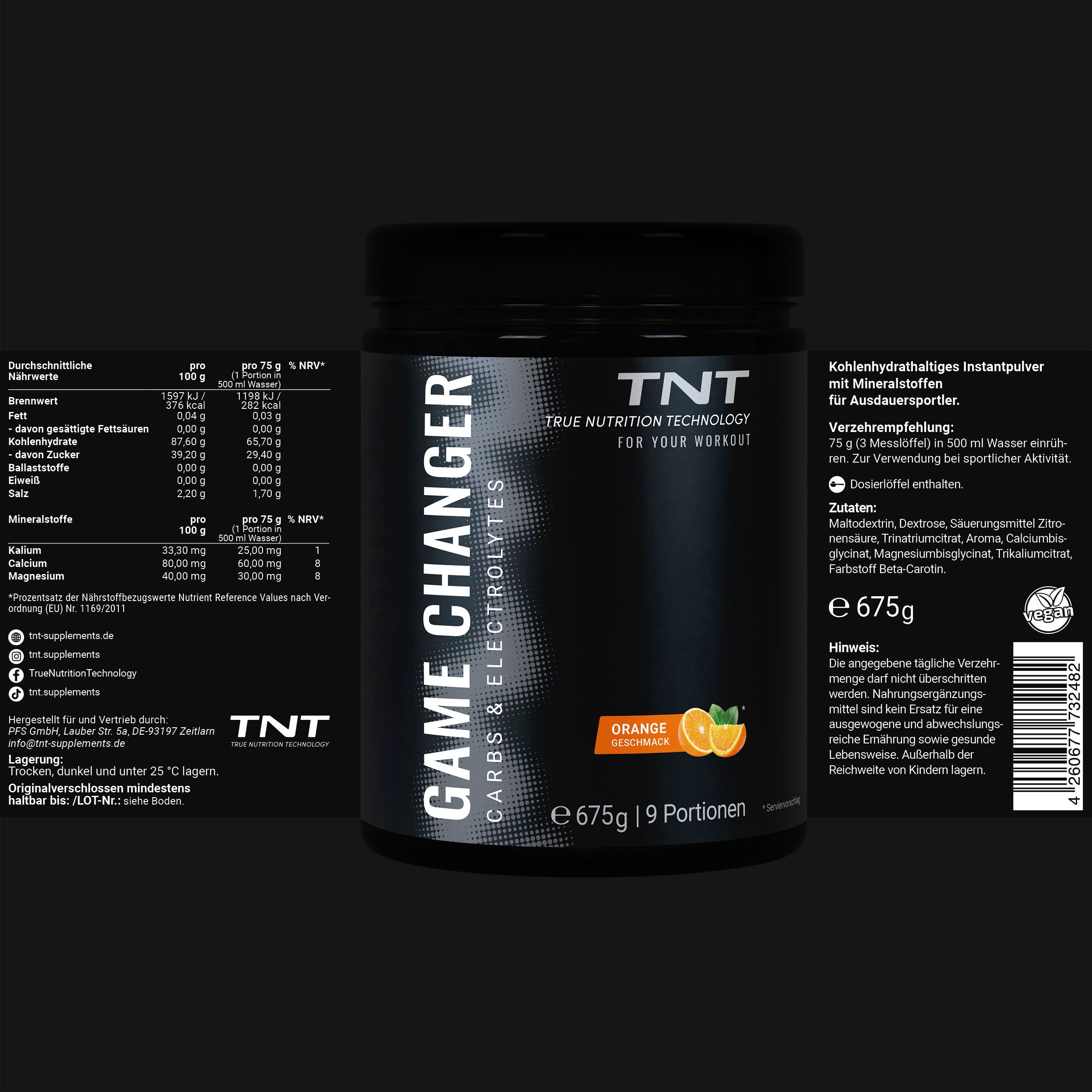 Schwarze Dose TNT Game Changer. Aufschrift GAME CHANGER, Carbs & Electrolytes, Orange. Nährwerttabelle und Zutatenliste.