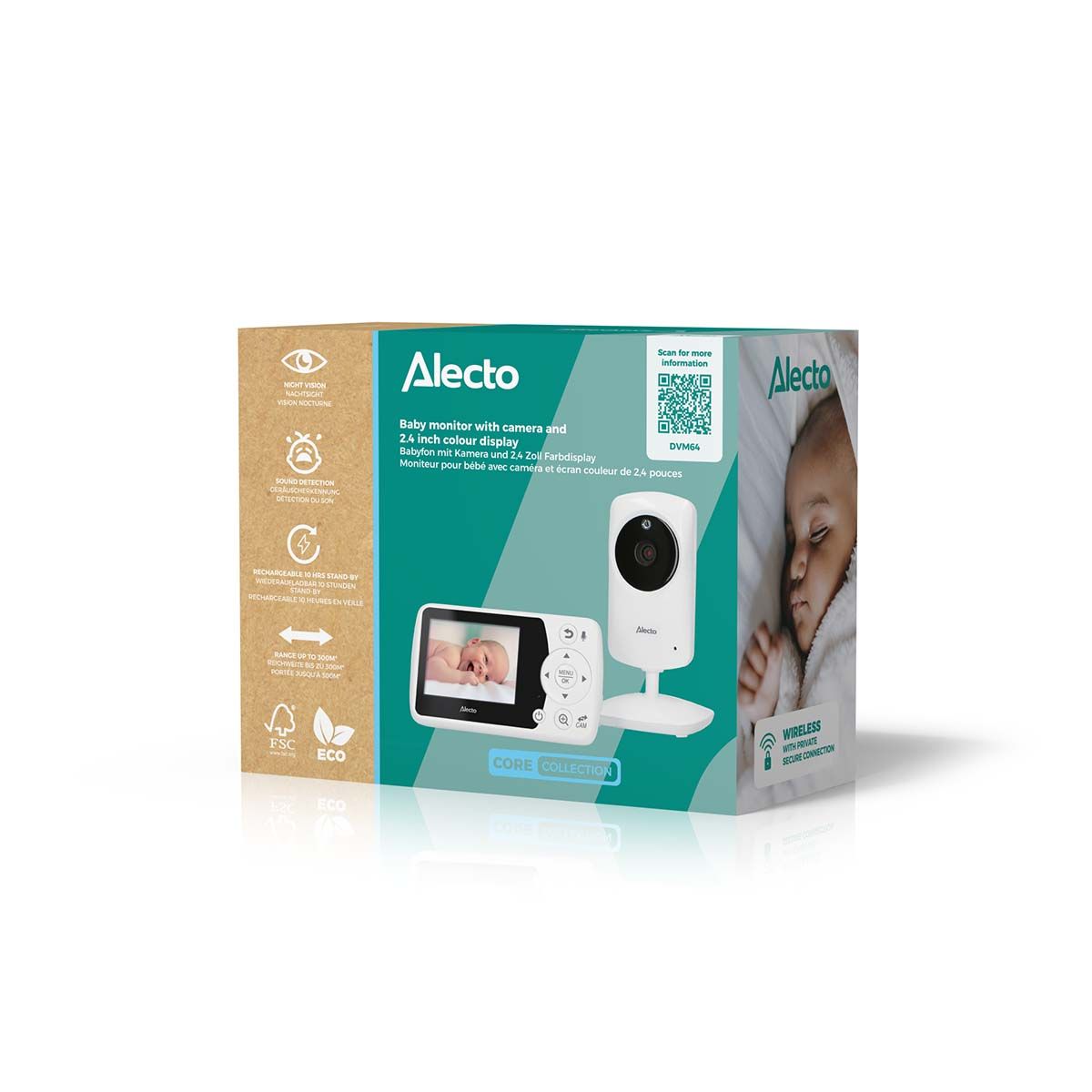 Alecto Baby Monitor mit Kamera und 2,4-Zoll-Farbdisplay. Enthält eine Kameraeinheit und eine Elterneinheit mit Bildschirm.