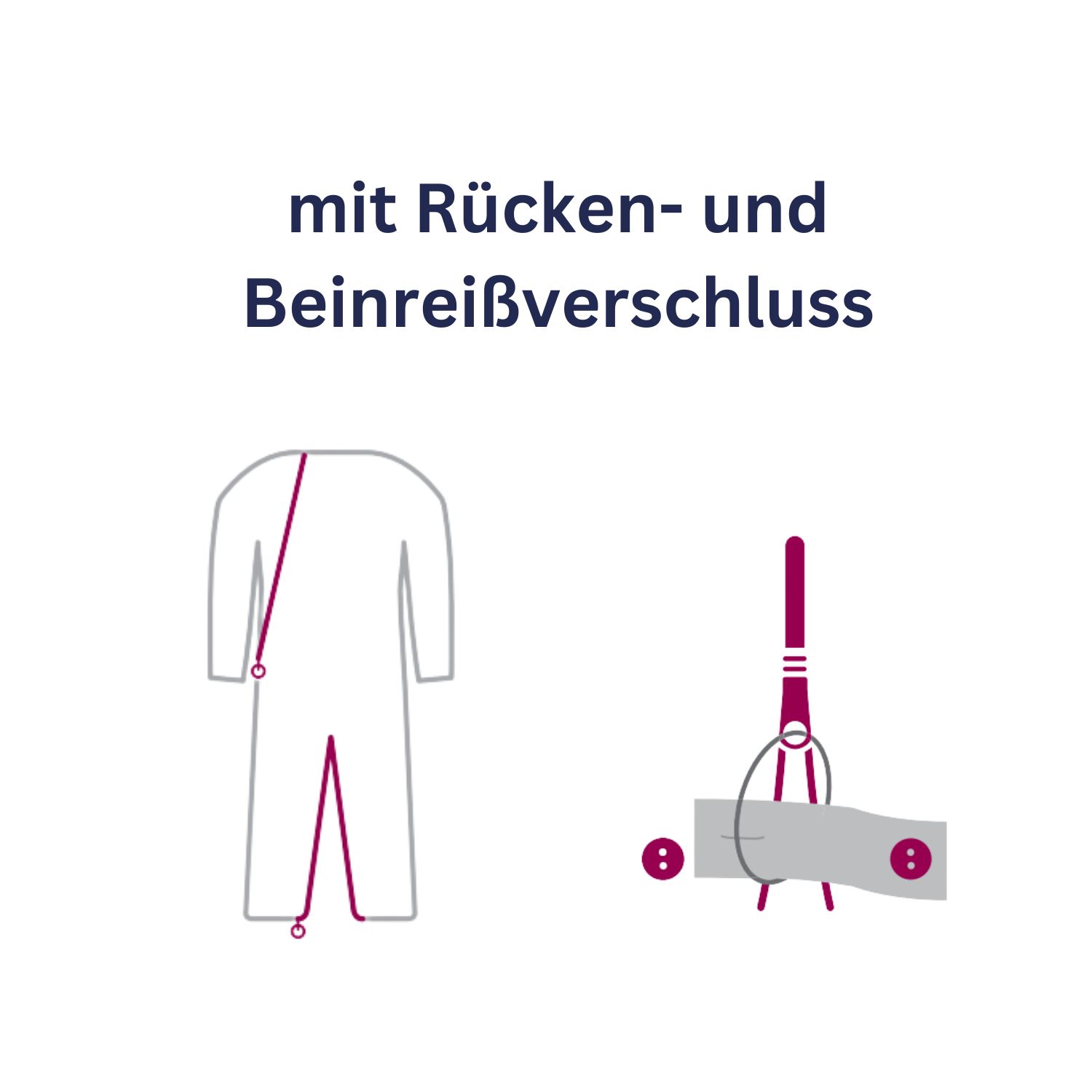 Illustration eines Pflegeoveralls slim lang mit Rücken- und Beinreißverschluss. Detaillierte Darstellung der Reißverschluss-Funktion.