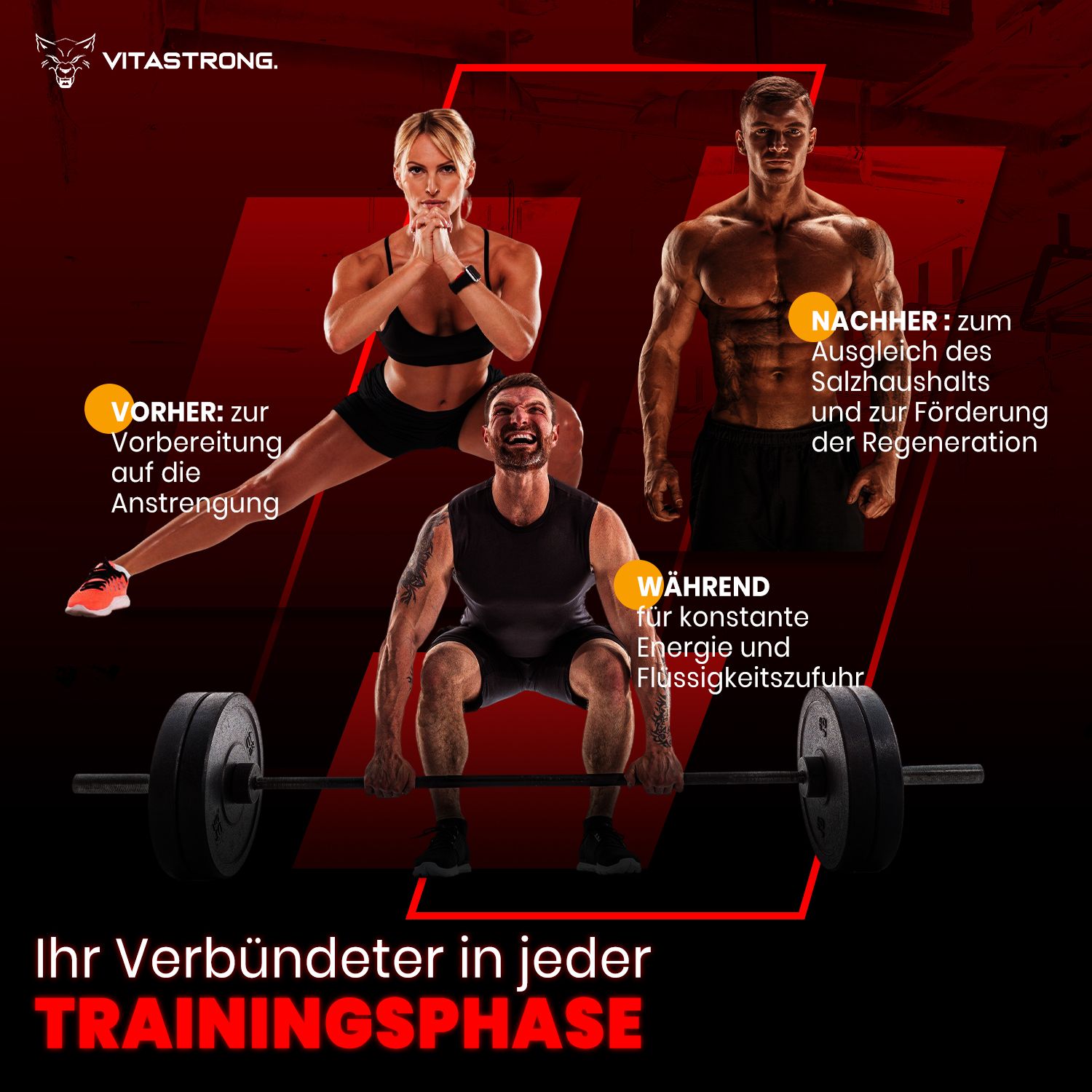 Drei Personen trainieren. Text: Ihr Verbündeter in jeder Trainingsphase. Vorher, während, nachher. Salzhaushalt.