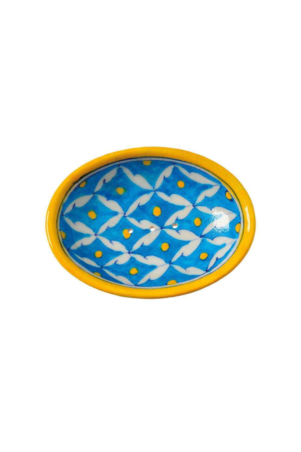Blaue Keramik-Seifenschale mit gelbem Rand. Oval, mit blau-weißem Muster und gelben Punkten. Für Seife.