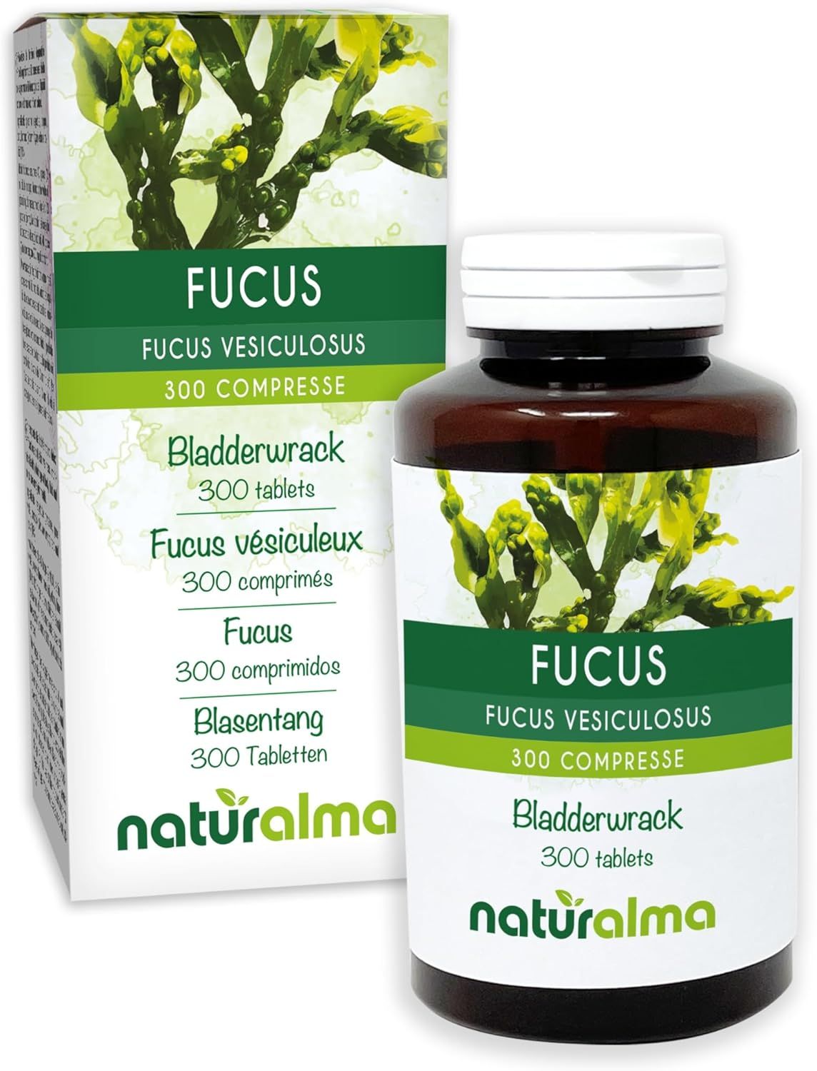 Braune Flasche und Schachtel mit Fucus Tabletten. Text: Fucus, 300 Tabletten. Logo Naturalma.