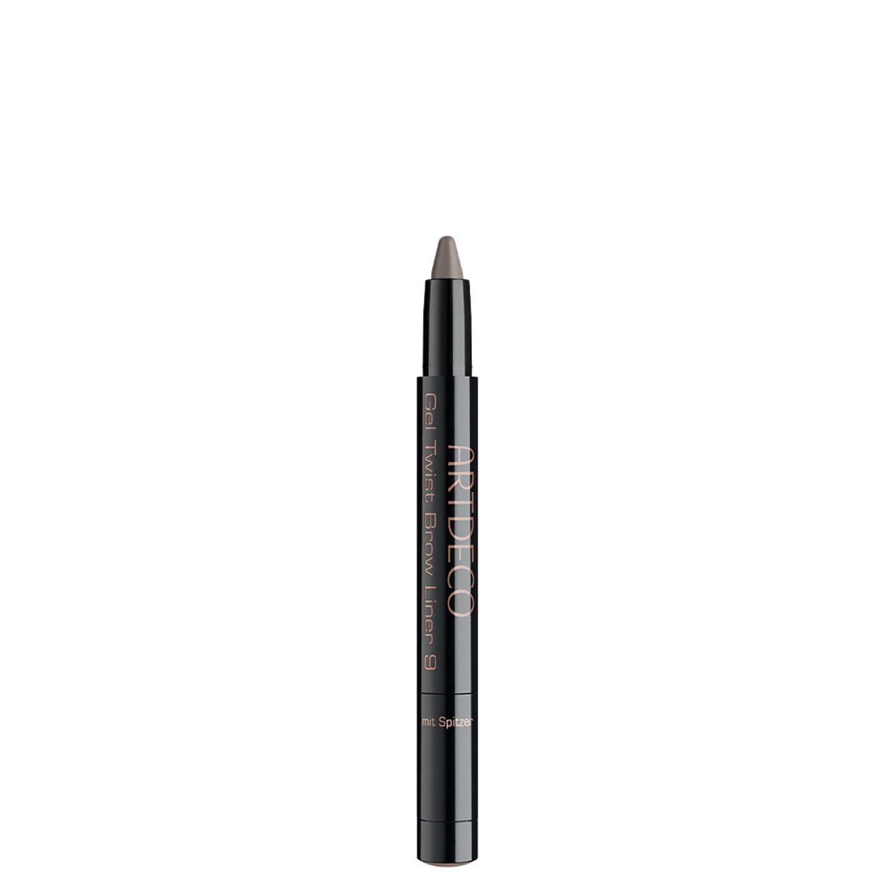 Artdeco Gel Twist Brow Liner. Schwarzer Stift mit grauer Mine. Produktname und Marke sind deutlich sichtbar.
