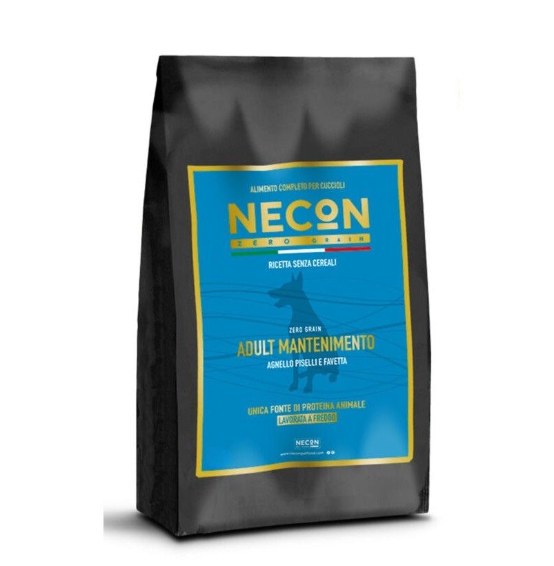 Schwarzer Beutel mit blauem Etikett. Aufschrift: NEON, ZERO GRAIN, Adult Mantenimento. Hundesilhouette.