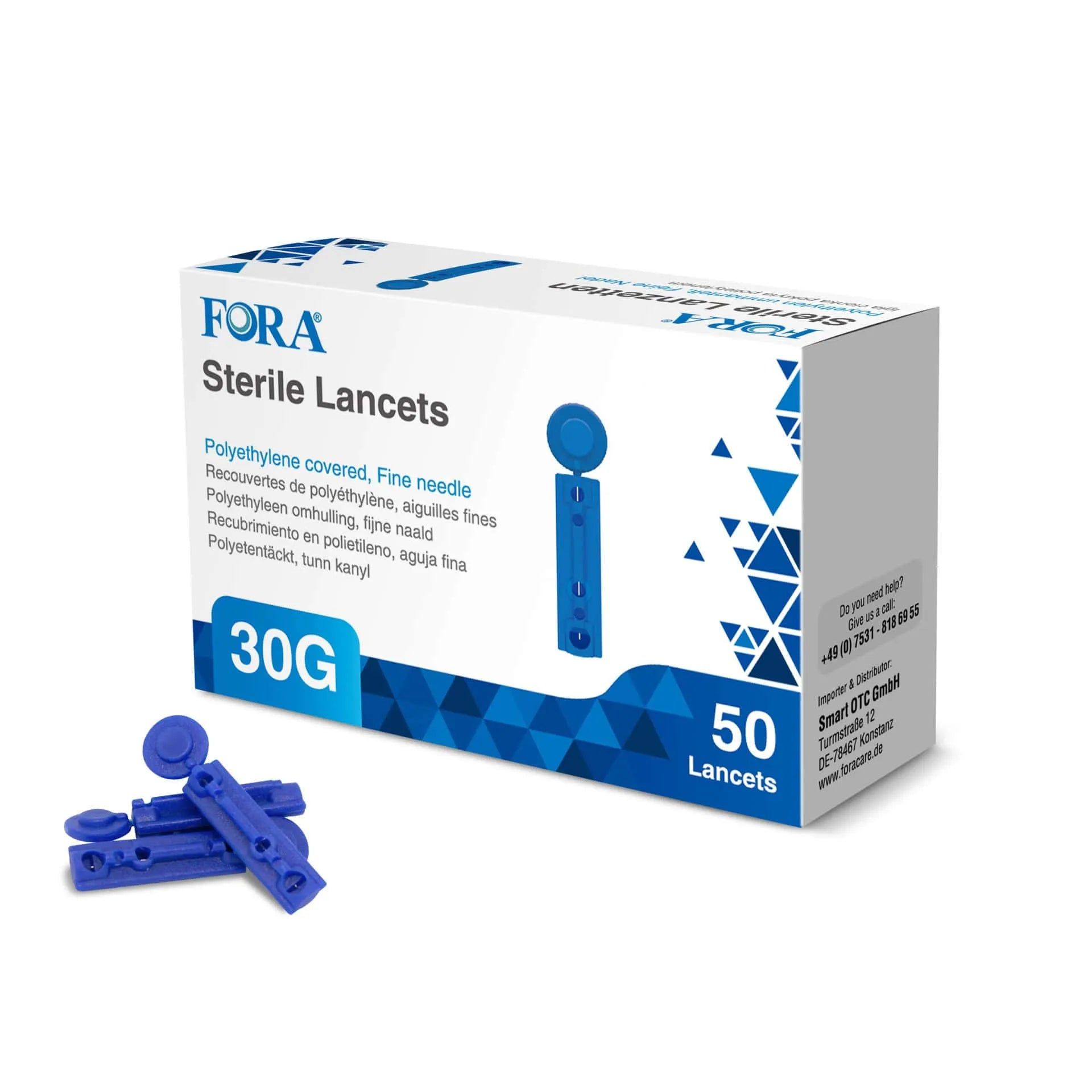 FORA Sterile Lancets 30G, 50 Stück. Blaue Lanzetten in Einzelverpackung.