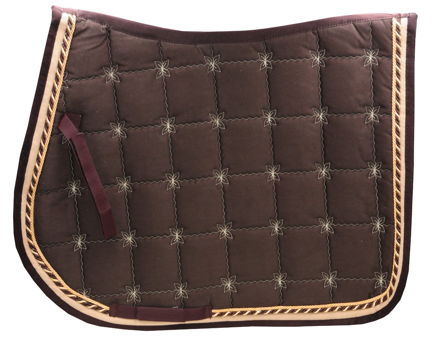 Braune Schabracke mit Doppelkordel und Blumenstickerei. Quadratische Steppung, goldfarbene Kordel, cremefarbene Einfassung.