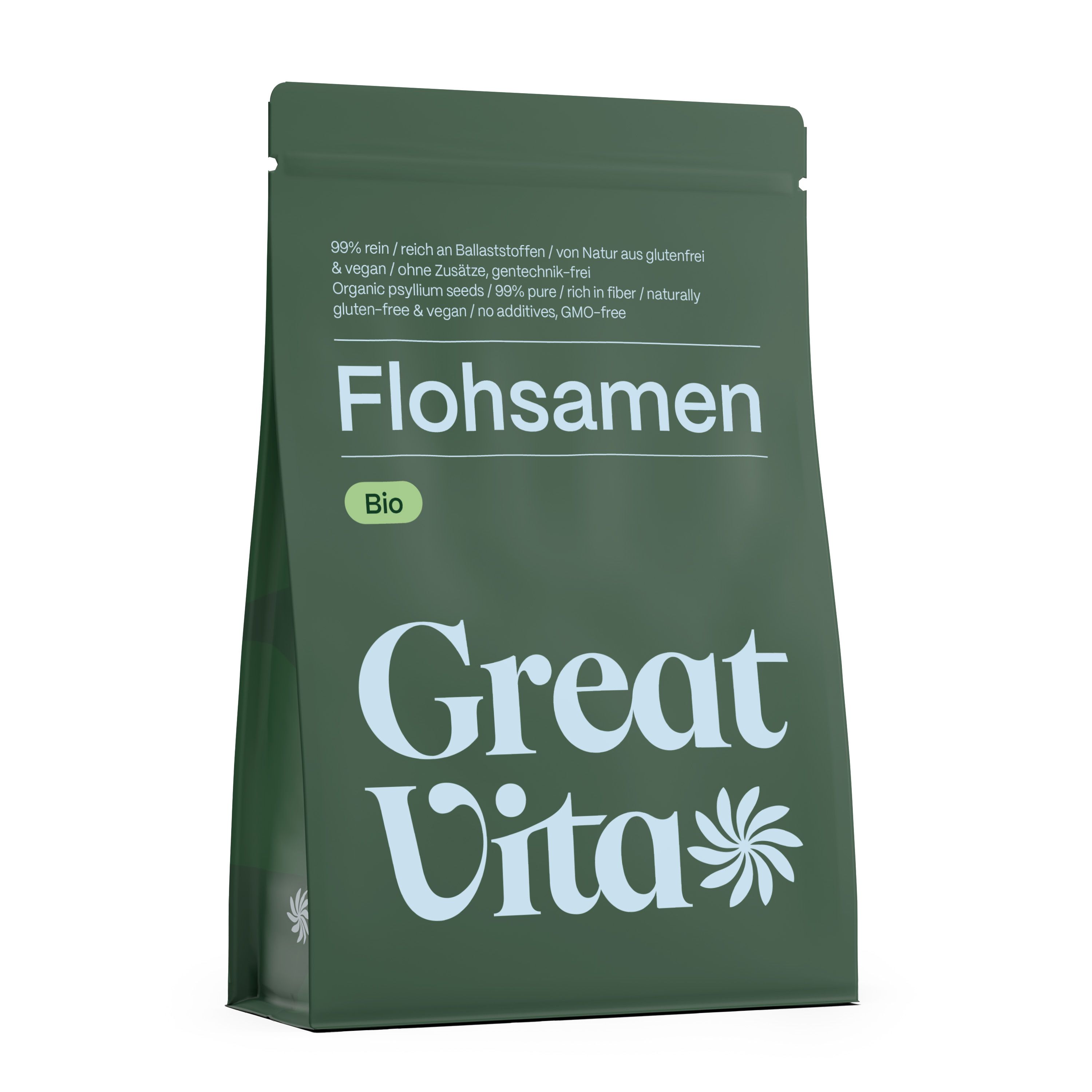 Grüne Verpackung mit Aufschrift: Flohsamen Bio. Marke: GreatVita. 99% rein, glutenfrei, vegan, ohne Zusätze.
