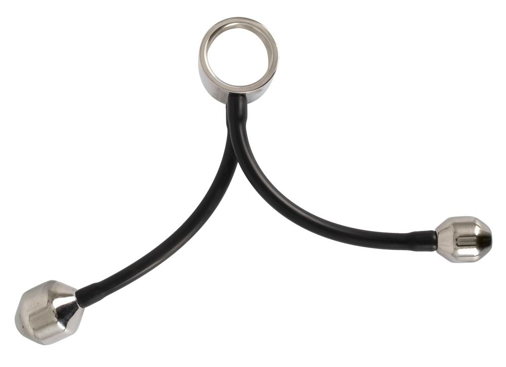 Metallring mit zwei schwarzen, flexiblen Verbindungen zu zwei metallischen Gewichten. Draufsicht.