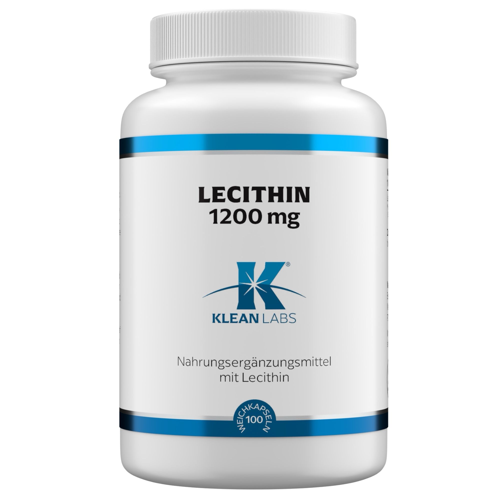 Weiße Flasche mit blauem Streifen. Aufschrift: LECITHIN 1200 mg, Klean Labs. Nahrungsergänzungsmittel mit Lecithin. 100 Weichkapseln.