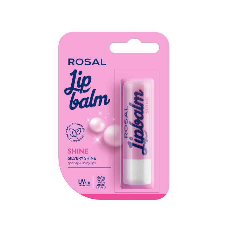 Rosa Verpackung mit Lip Balm. Text: ROSAL, Lip balm, Shine, Silvery Shine, UV-Schutz, tierversuchsfrei.