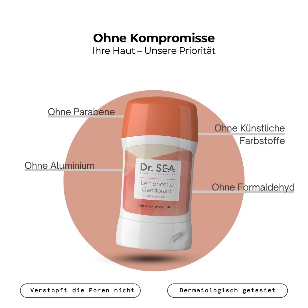 Deodorant-Stick mit Text. Text: Ohne Kompromisse, Ihre Haut - unsere Priorität. Ohne Parabene, Aluminium, etc.