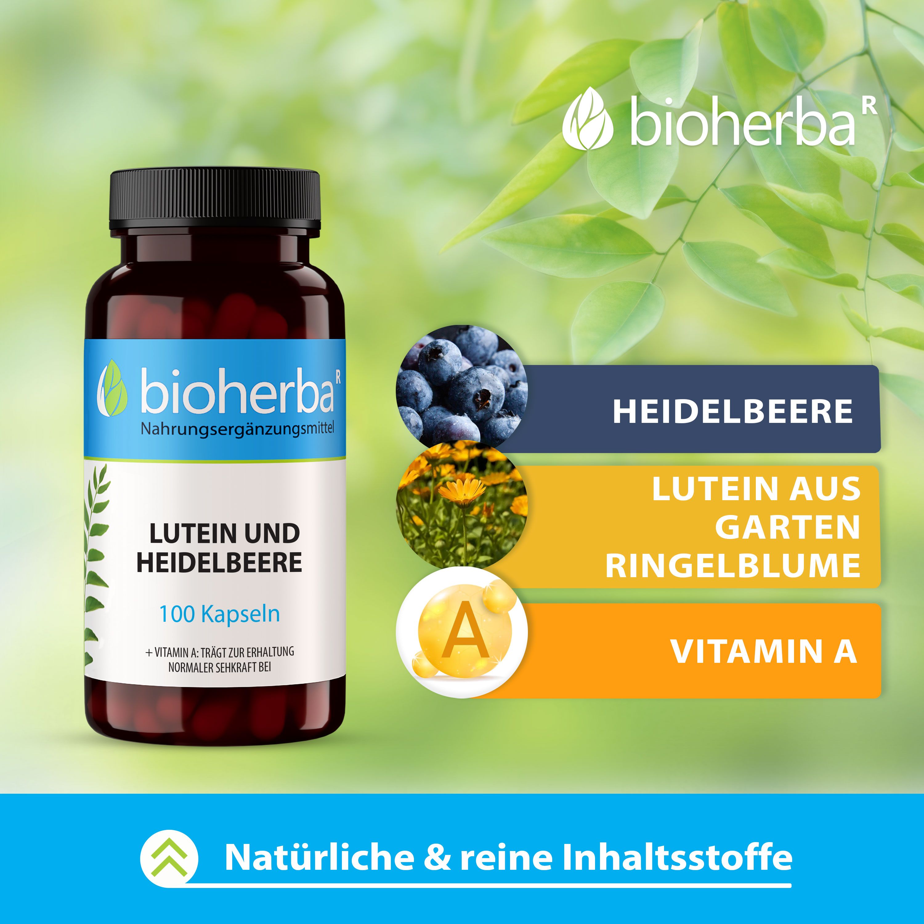 Produktflasche mit Heidelbeeren, Ringelblume und Vitamin A-Symbolen. Marke und Produktname sichtbar.
